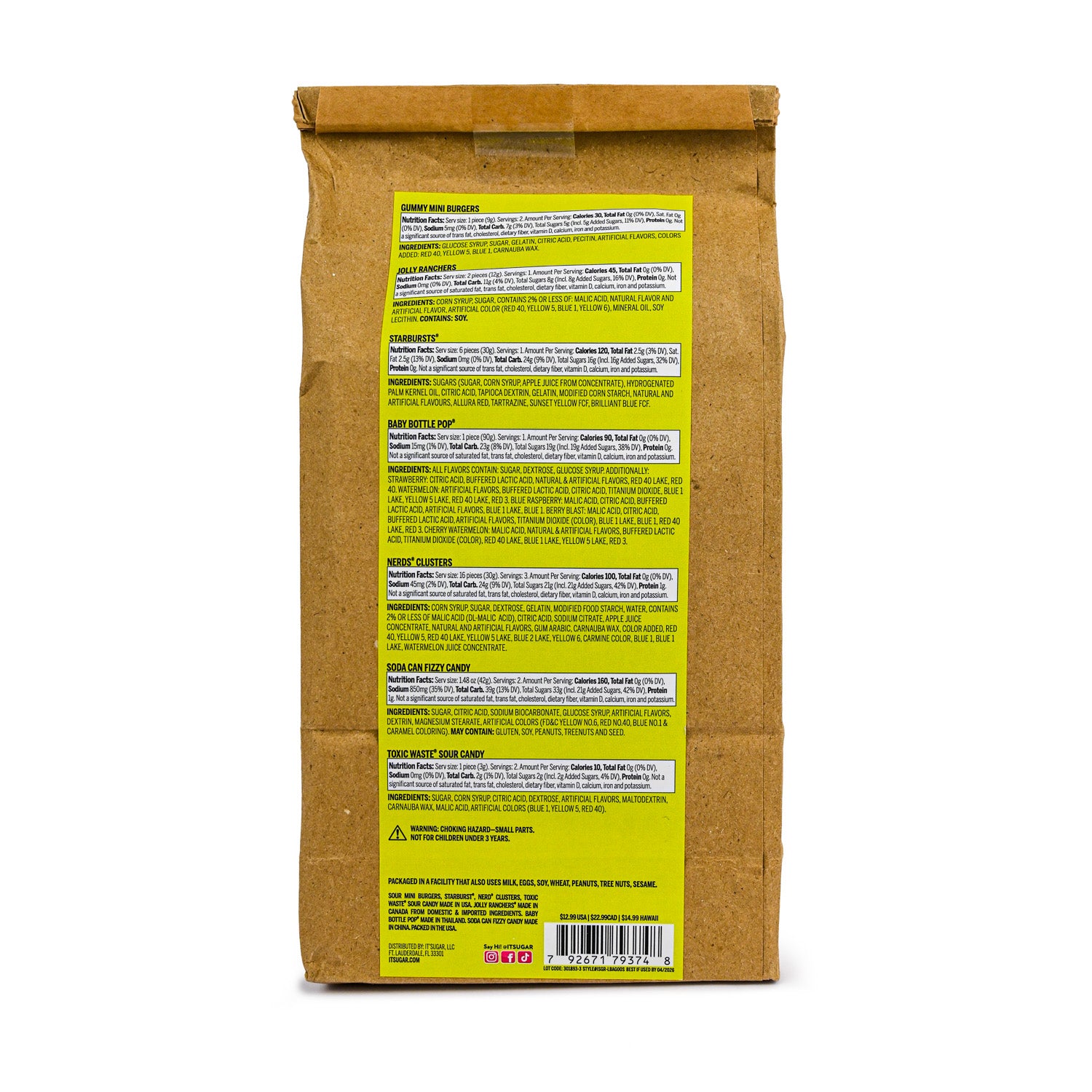 Front of an It’Sugar 2000s Throwback candy bag with a retro music‑player graphic and a clear window showing assorted candies inside.