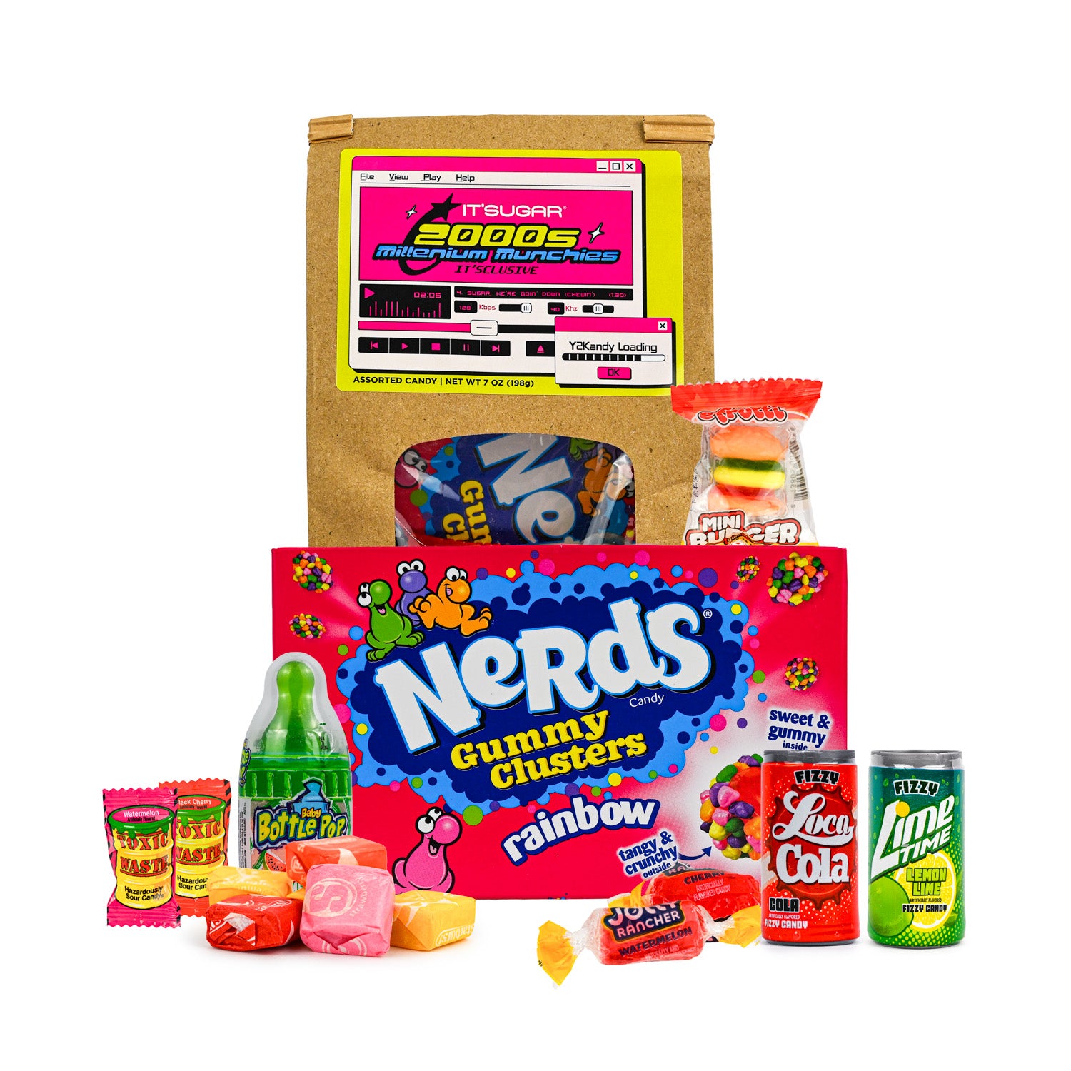 Assorted 2000s‑themed candy gift set featuring Nerds Gummy Clusters, mini candies, soda‑flavored gummies, and nostalgic sweets arranged in front of a labeled box.