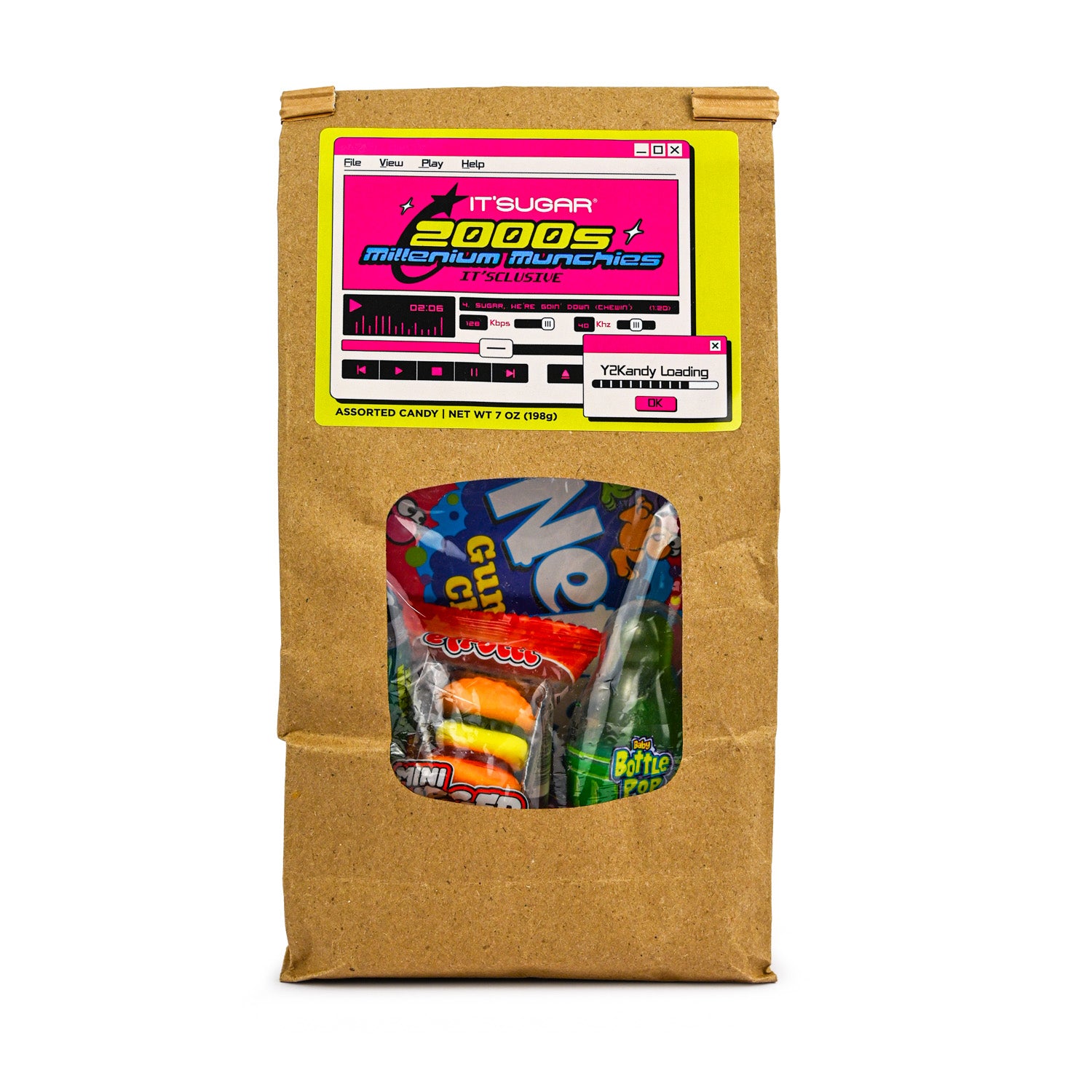 Front of an It’Sugar 2000s Throwback candy bag with a retro music‑player graphic and a clear window showing assorted candies inside.