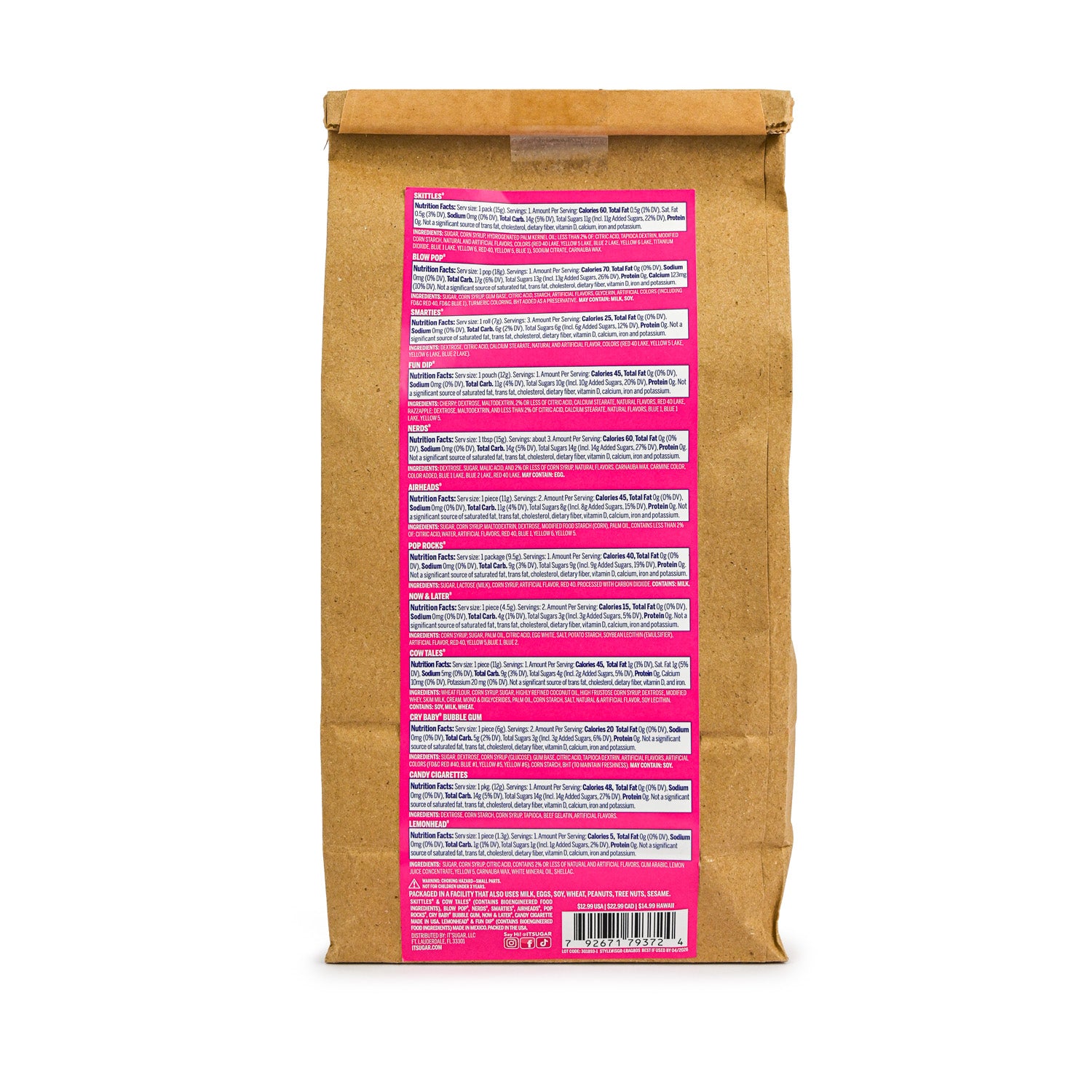 Back of an It’Sugar “80s Candy Mix Tape” bag made of brown paper, showing a tall pink label with a detailed list of included candies, ingredient information, allergen warnings, barcode, and recycling icons.