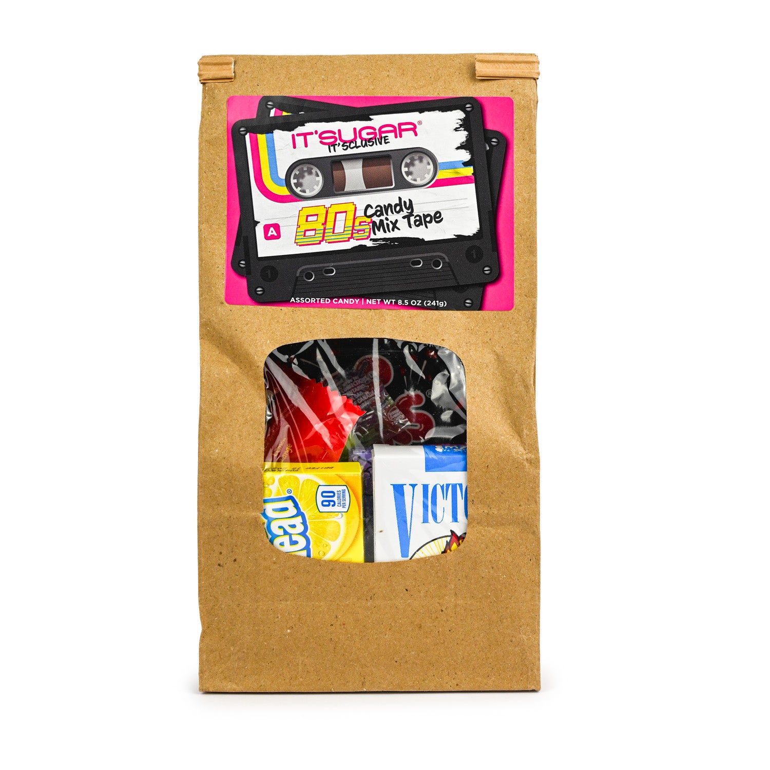 Assorted 1980s‑themed candy gift set featuring a brown “It’Sugar 80s Candy Mix Tape” bag filled with nostalgic candies, including Skittles, Nerds, Fun Dip, Lemonhead, Airheads, Pop Rocks, Smarties, and Victory Candy, arranged in front on a white background