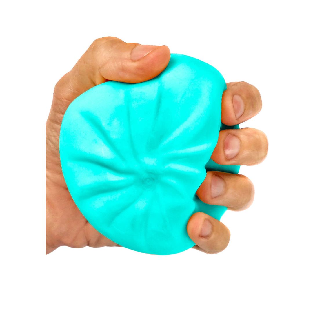 Light blue squishy dumplin surprise being held in a mans hand