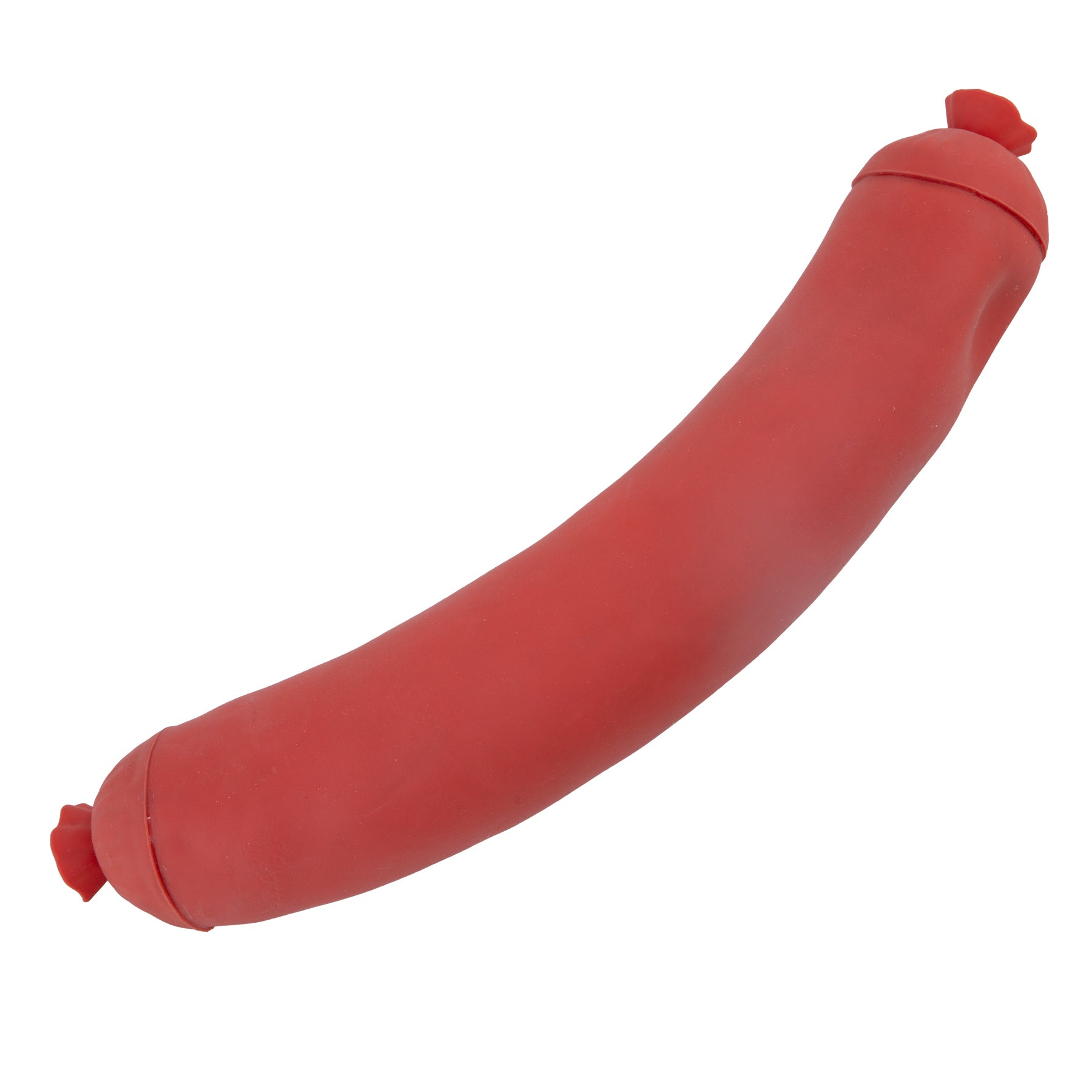 Red Easy Squeezy Sausage toy on a white background