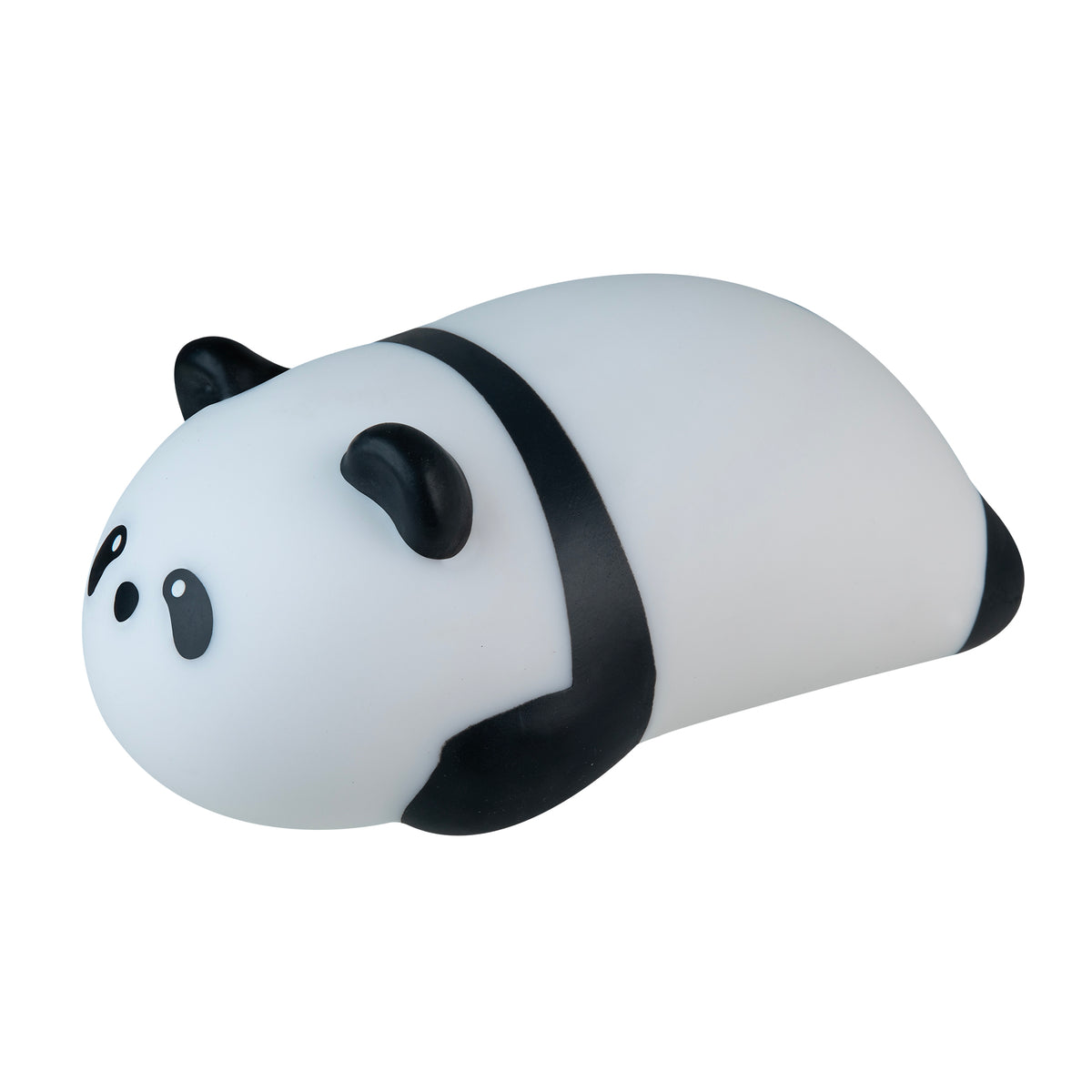Panda‑shaped squishy toy with a rounded white body, black ears, black eye patches, and black band around the middle, lying on its side against a white background.