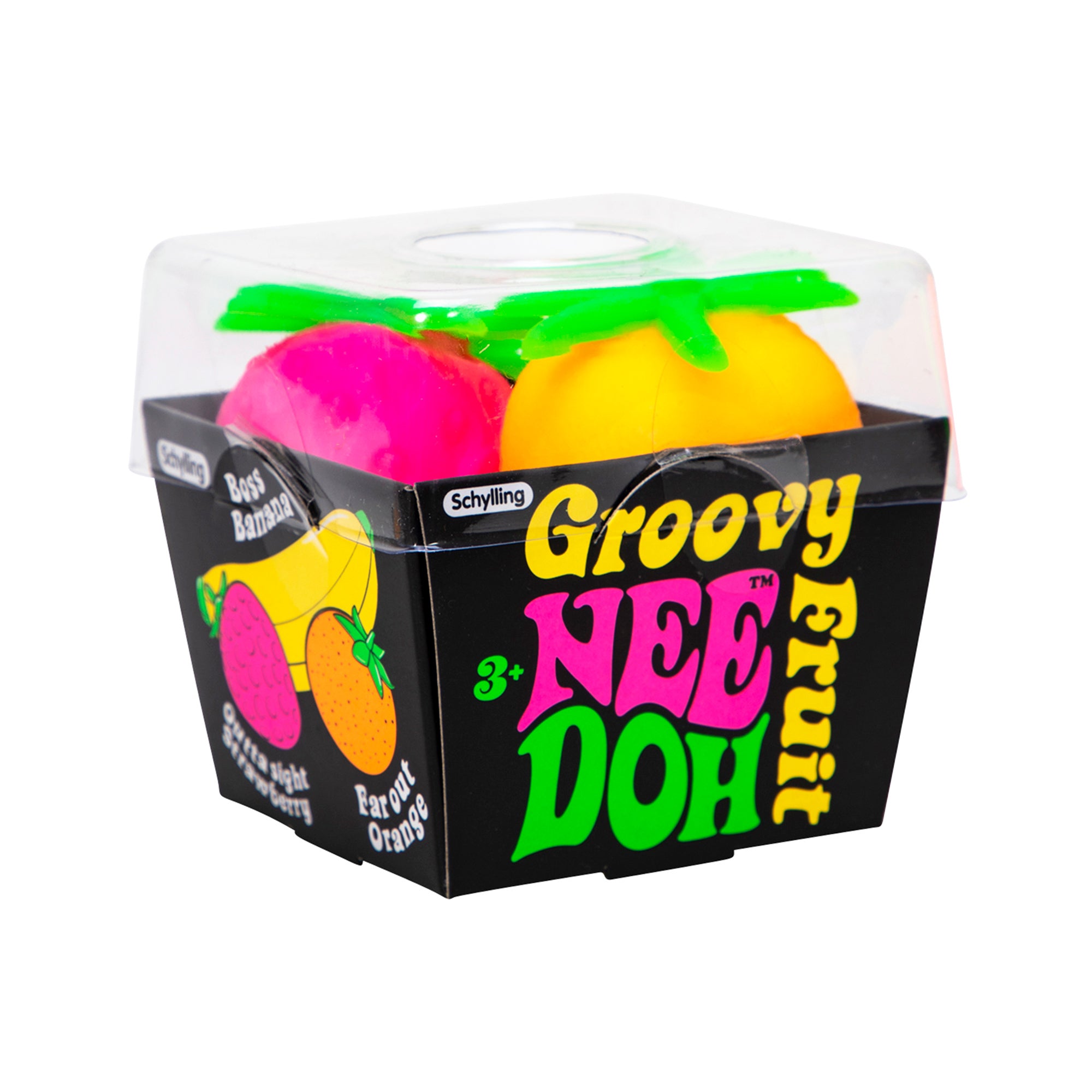 Boxed set labeled “Groovy Nee Doh Fruit” showing two fruit‑shaped squeeze toys inside clear packaging on a black base.