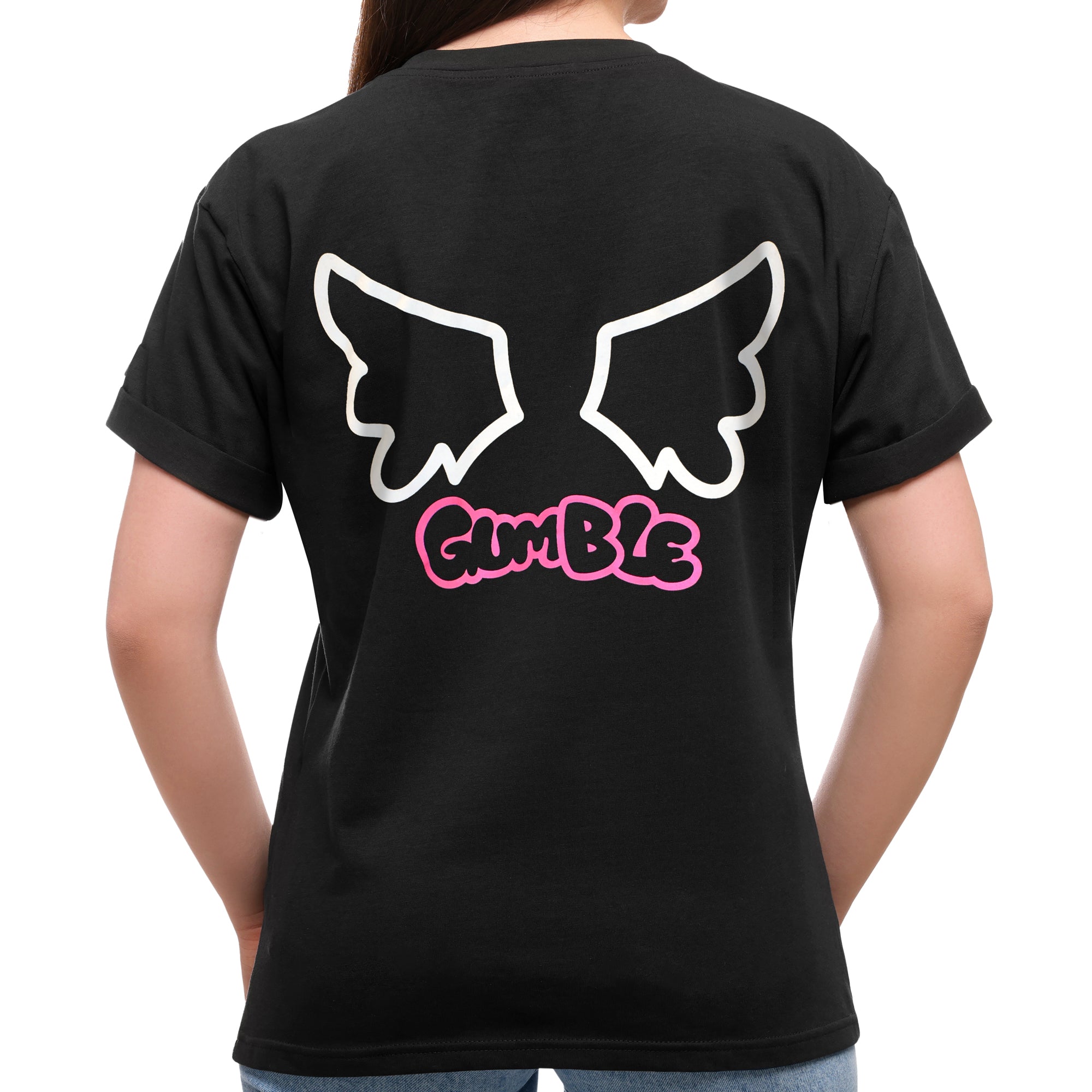Back view of a black short‑sleeve T‑shirt worn by a model, featuring a large white outline of wings and the word “Gumble” in pink lettering centered on the back.