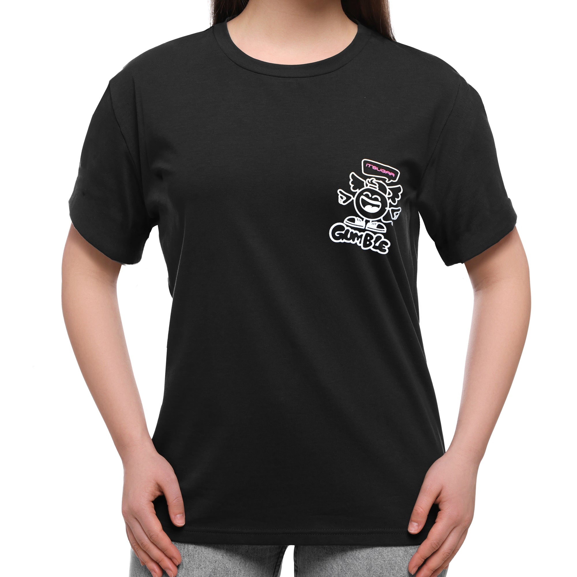 Front view of a black short‑sleeve T‑shirt worn by a model, featuring a small white It’Sugar “Gumbles” cartoon logo printed on the left chest area.