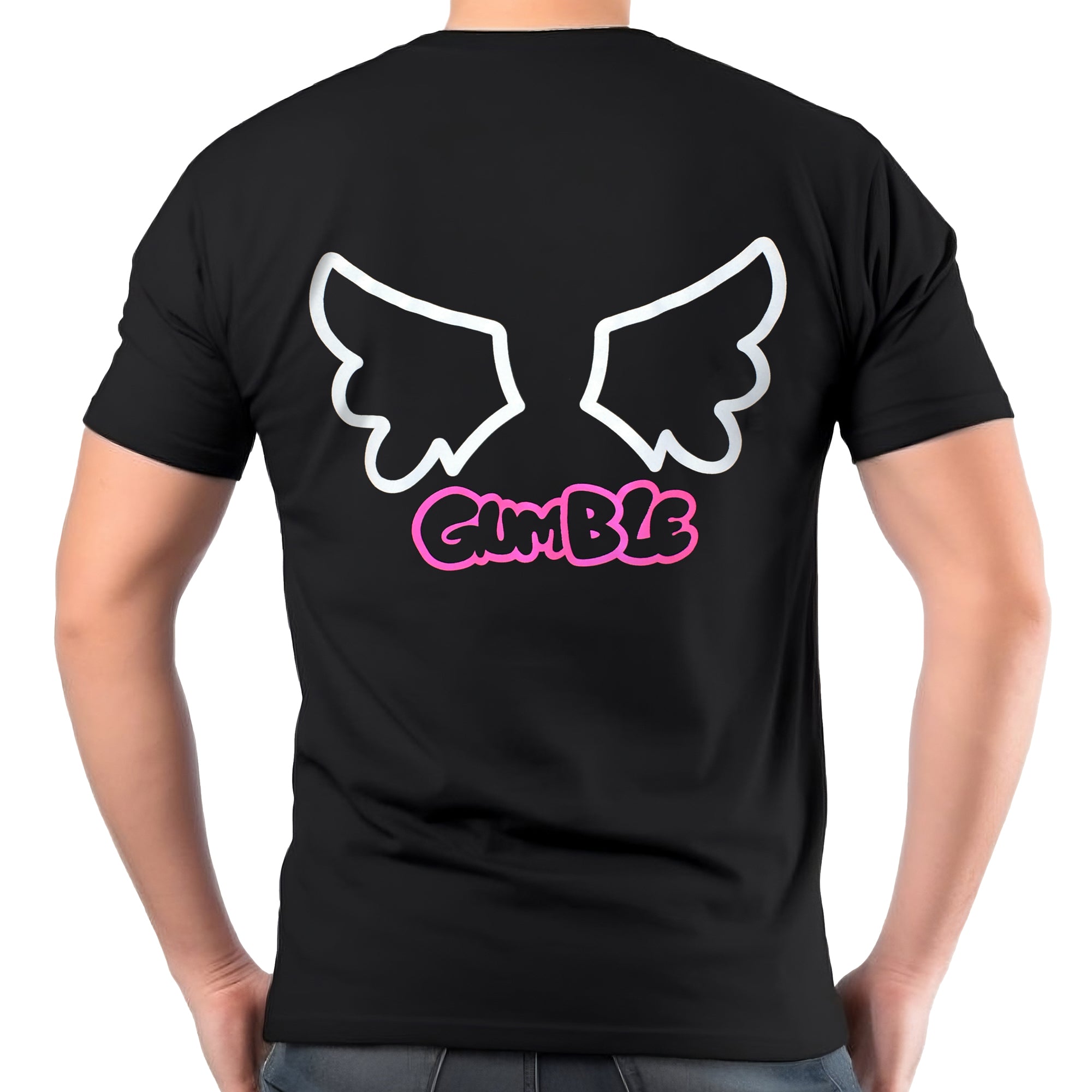 Back view of a black short‑sleeve T‑shirt worn by a model, featuring a large white outline of wings and the word “Gumble” in pink lettering centered on the back.
