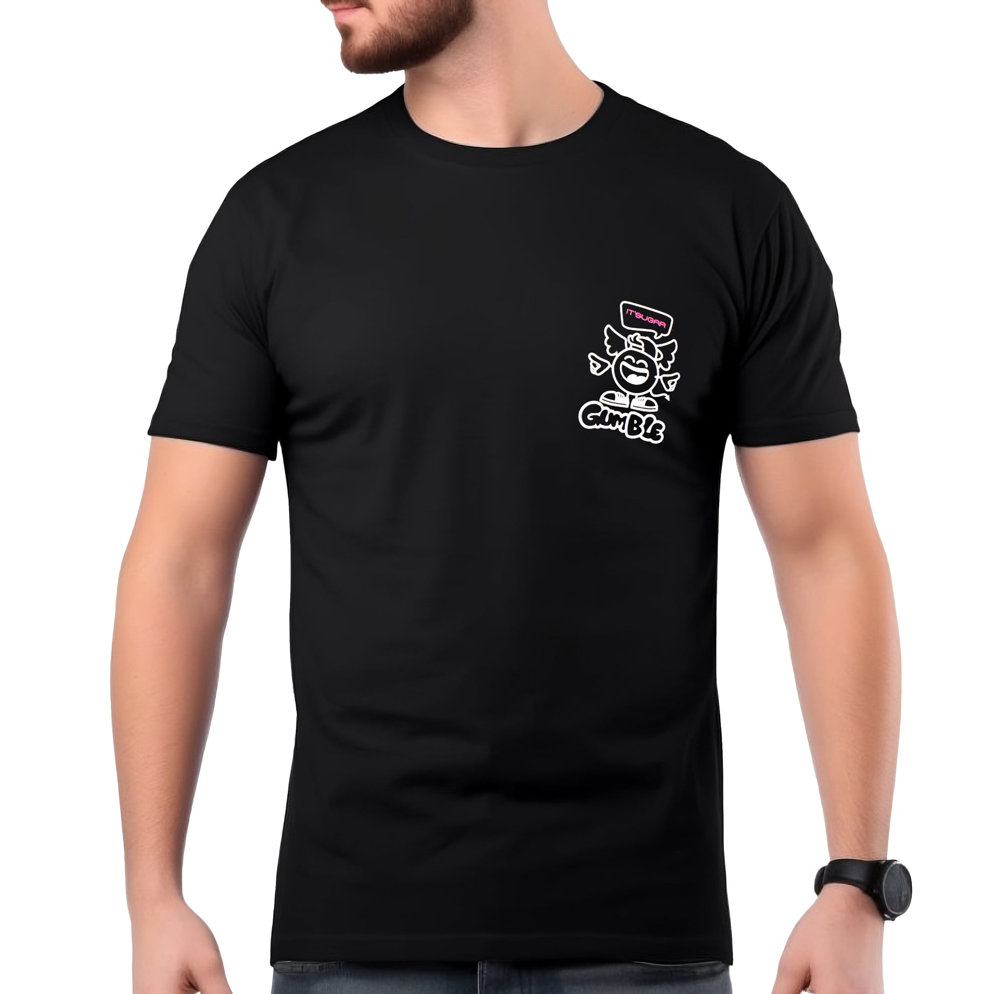 Front view of a black short‑sleeve T‑shirt worn by a model, featuring a small white It’Sugar “Gumbles” cartoon logo printed on the left chest.