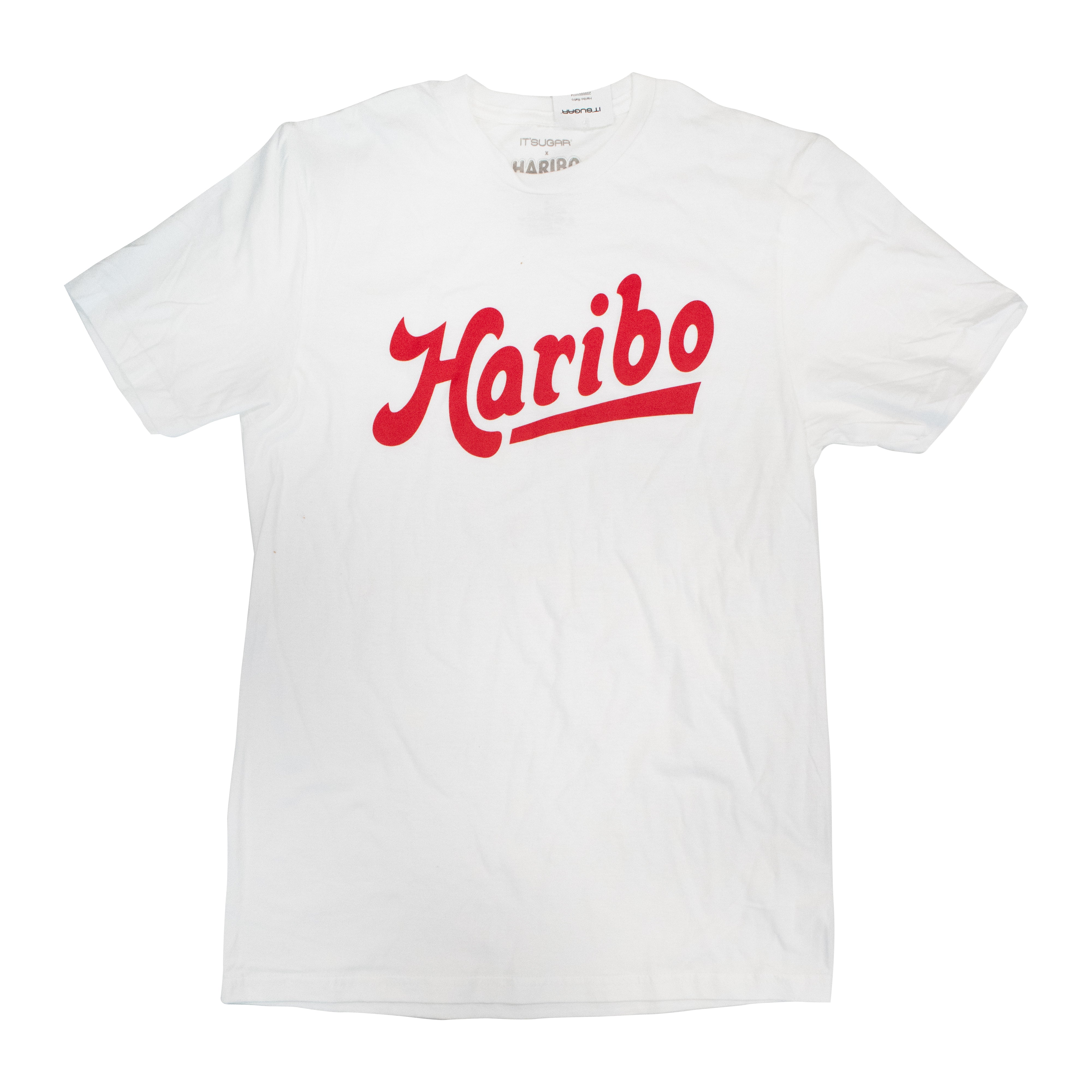 Front view of a white T‑shirt with the red “Haribo” logo printed across the chest on a white background.