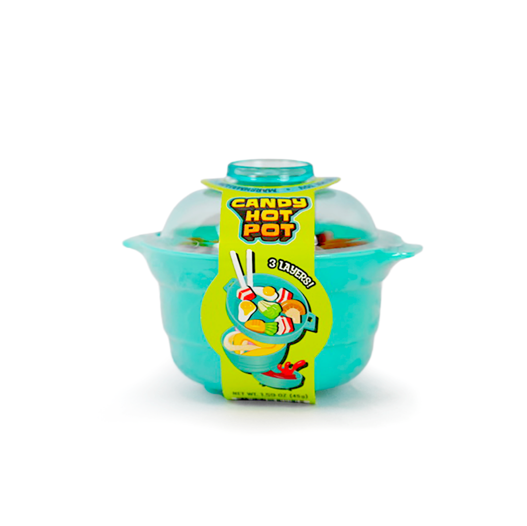 A turquoise, hot pot–shaped candy container with a lid and label reading “Candy Hot Pot” and “3 Layers,” shown on a white background.