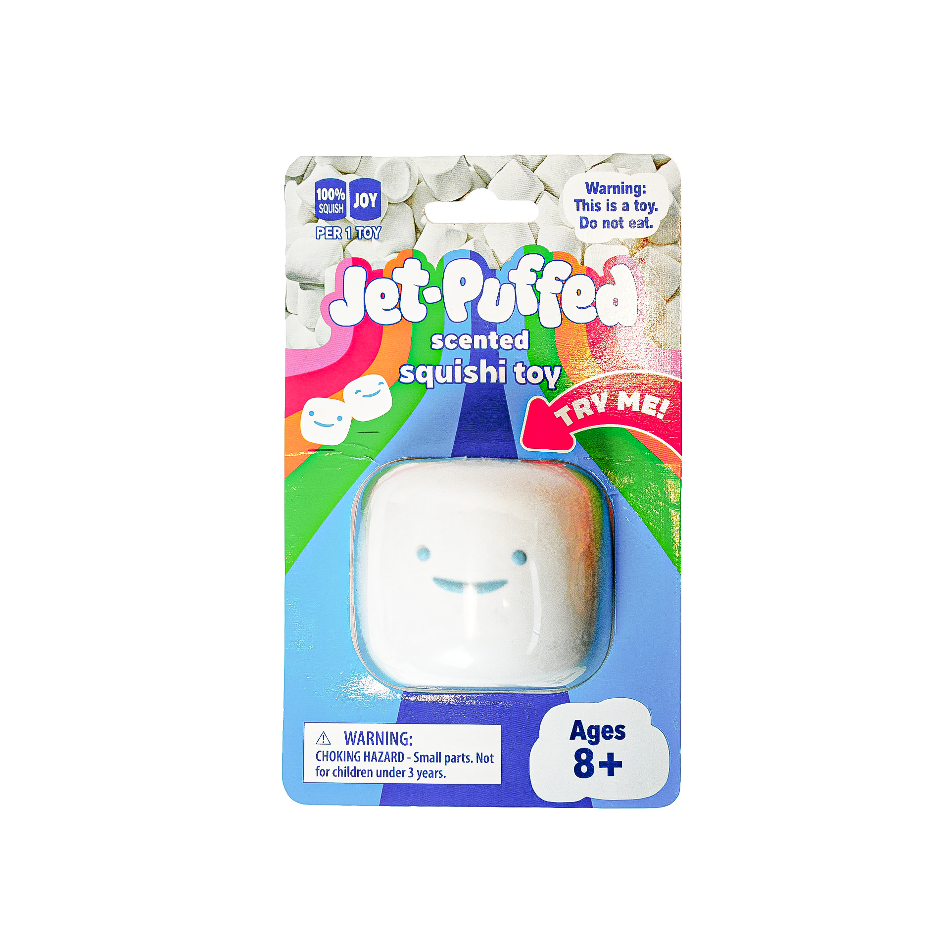 Packaging for a Jet-Puffed scented squishy toy featuring a white marshmallow-shaped character with a smiling face in a clear plastic bubble with rainbow packaging