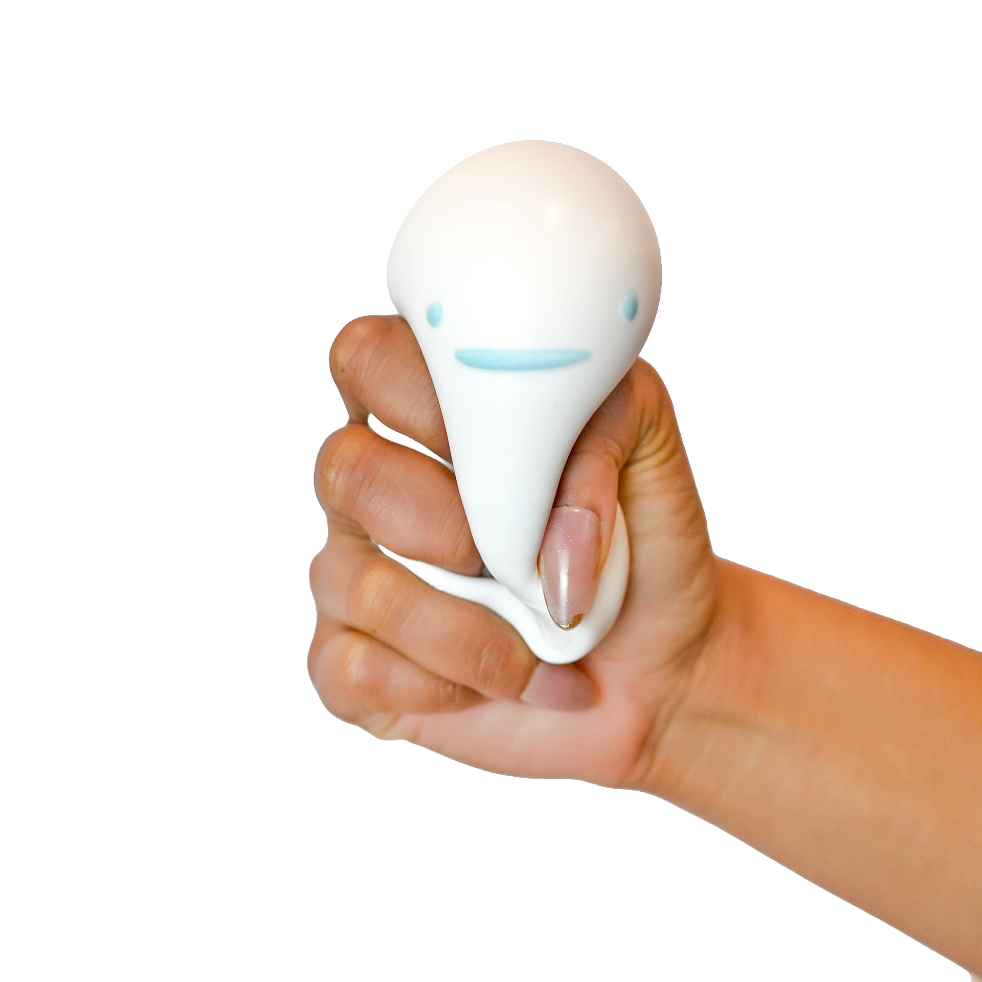 et-Puffed scented squishy toy featuring a white marshmallow-shaped character with a smiling face squished in a female hand