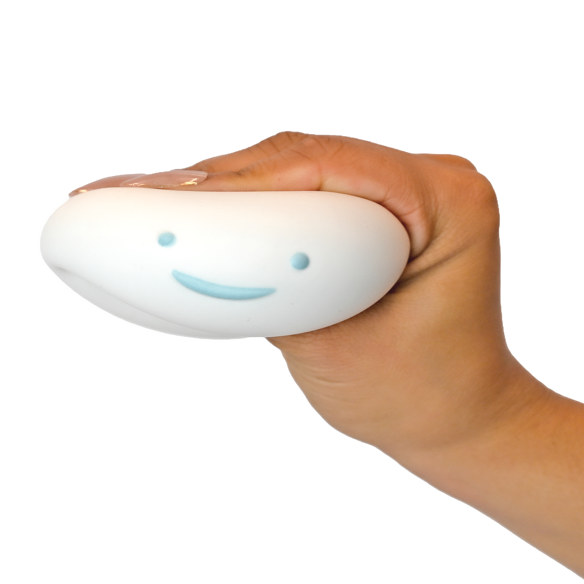 et-Puffed scented squishy toy featuring a white marshmallow-shaped character with a smiling face squished flat in a female hand