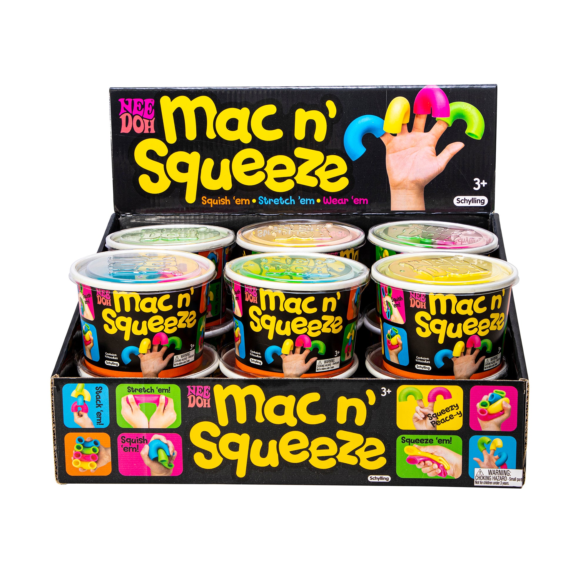 Retail display tray labeled “Nee Doh Mac n’ Squeeze” holding multiple tubs of colorful macaroni‑shaped squeeze toys, shown on a white background.