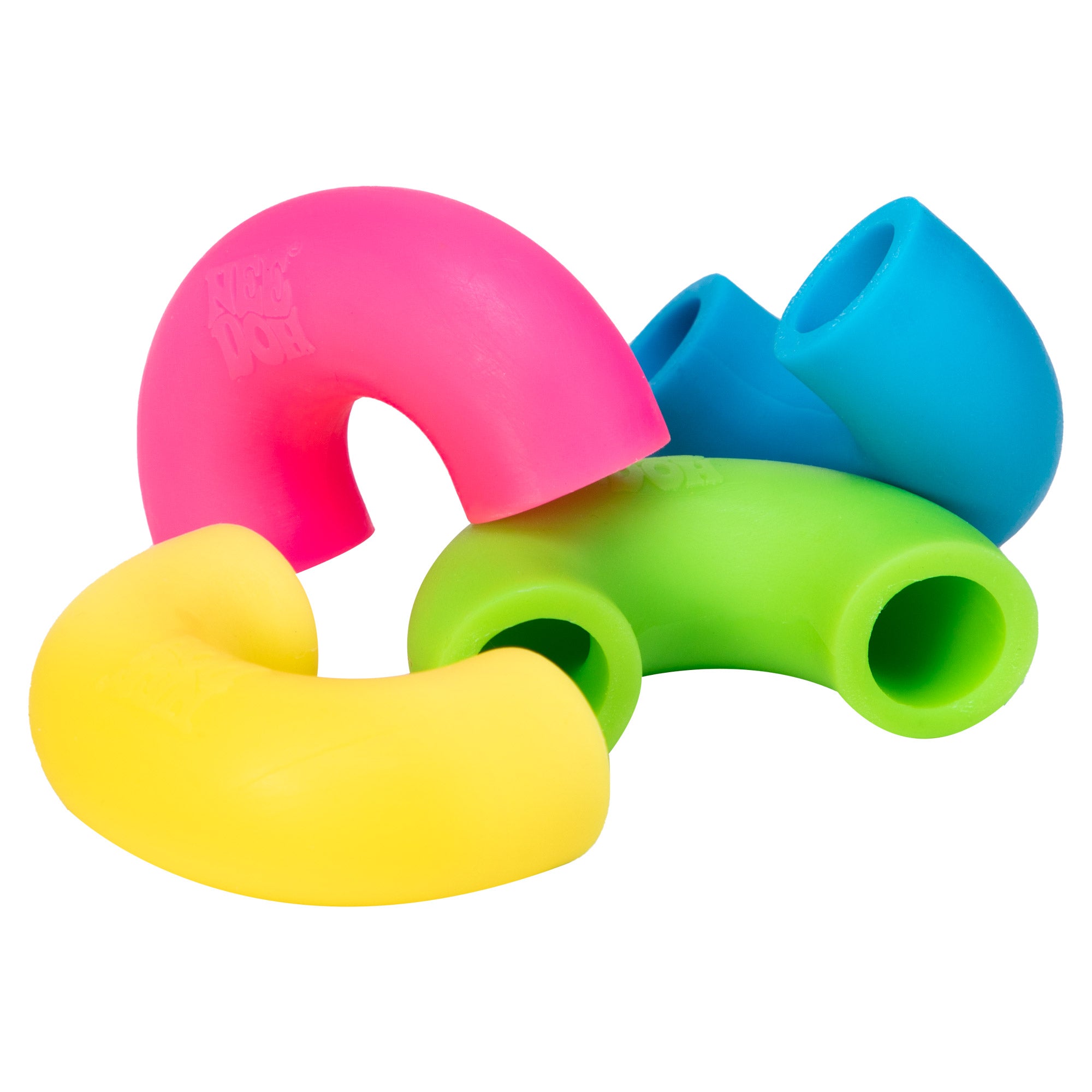 Colorful macaroni‑shaped Nee Doh squeeze toys in pink, yellow, green, and blue, stacked together on a white background.