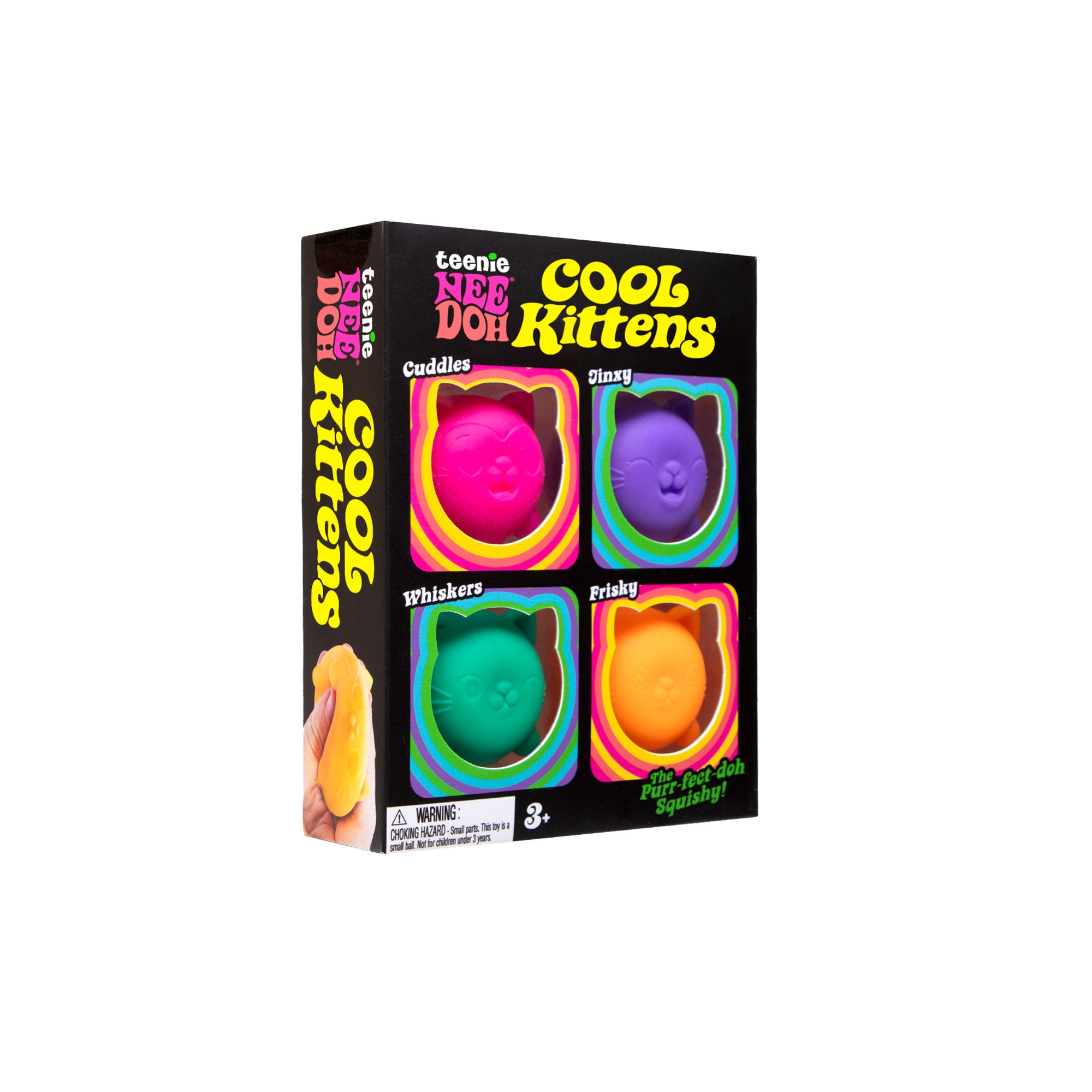 Boxed set labeled “Teeniez Nee Doh Cool Kittens” displaying four cat‑shaped squeeze toys in pink, purple, green, and orange through window cutouts on a black package.