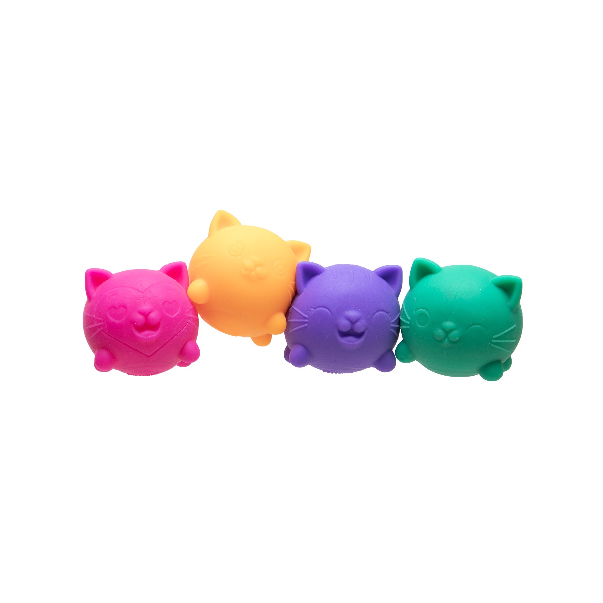 Four small cat‑shaped squeeze toys in pink, yellow, purple, and green, arranged in a row on a white background.