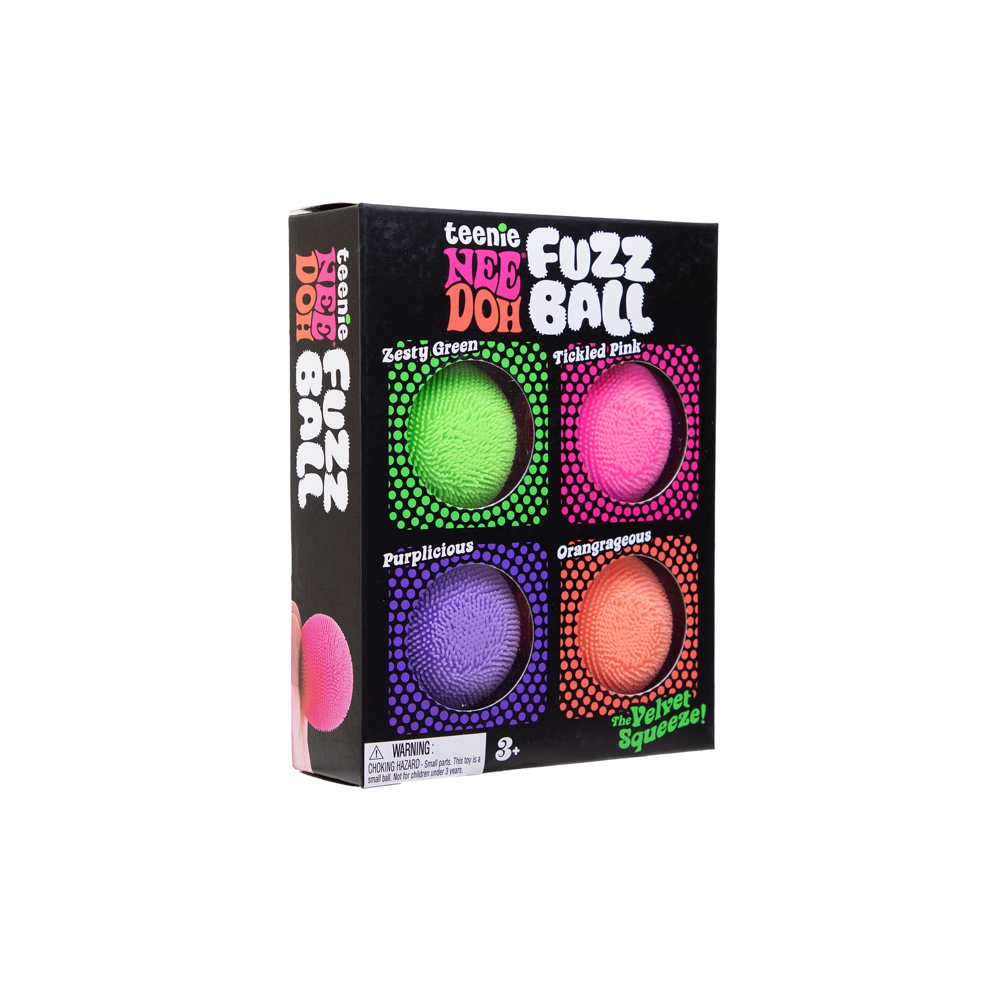 Boxed set labeled “Teeniez Nee Doh Fuzz Ball” displaying four fuzzy textured squeeze balls in green, pink, purple, and orange through window cutouts on a black package.