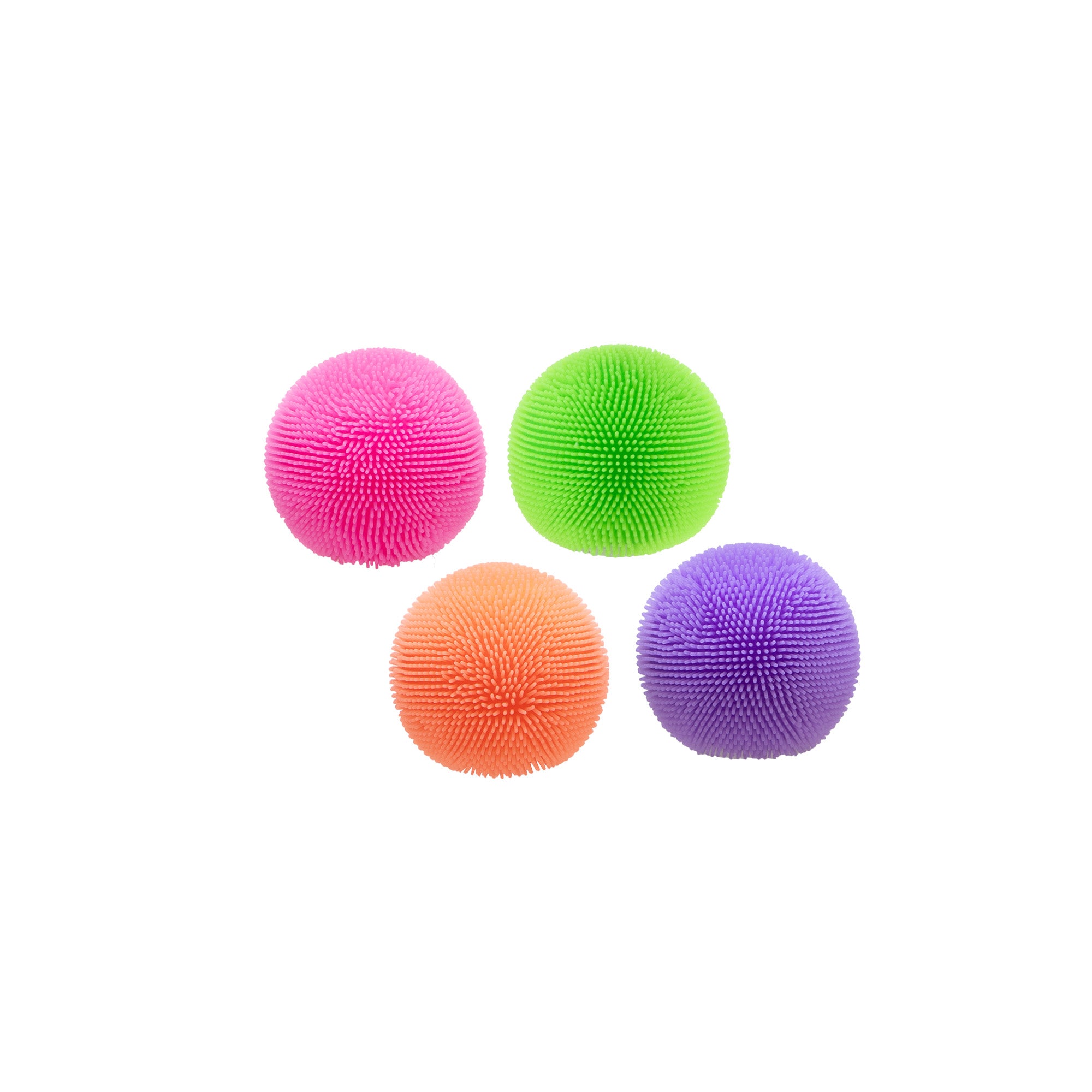 Four small fuzzy textured squeeze balls in pink, green, orange, and purple, arranged on a white background.