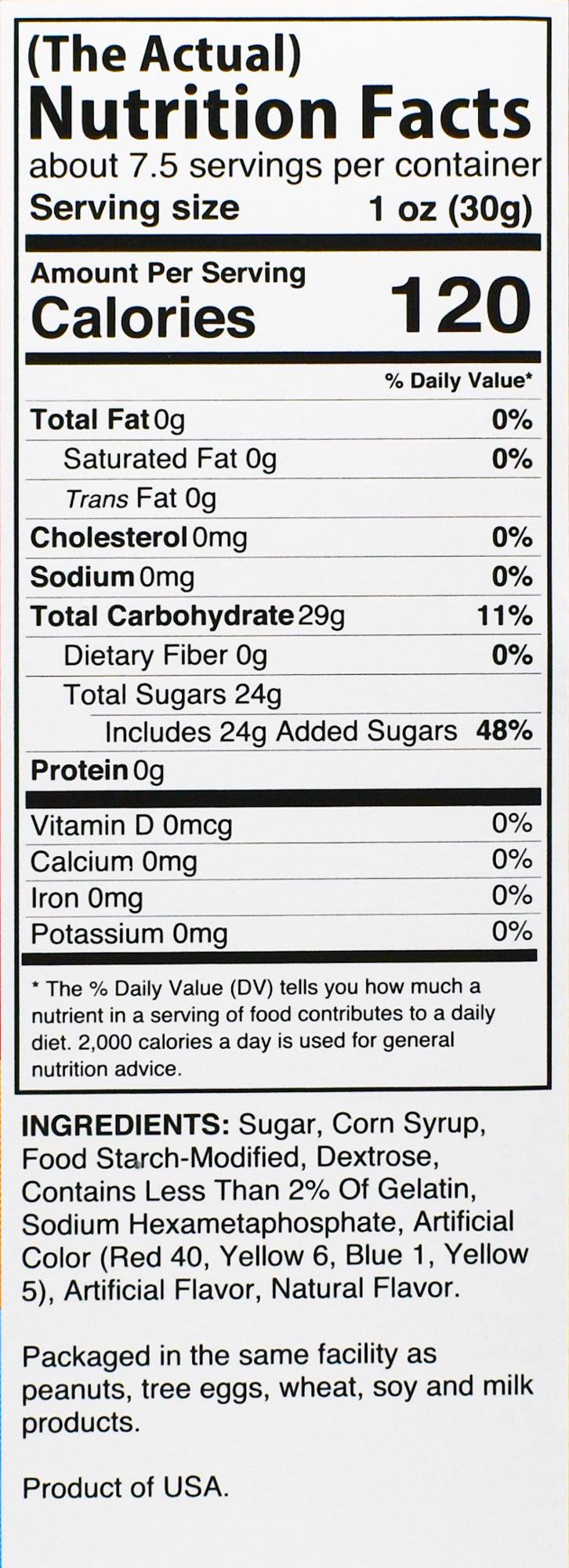 Nutrition Facts and ingredients label for It’Sugar Marshmallow Mania candy, showing serving size of 1 oz (30 g), 120 calories per serving, 24 grams of added sugars, and a list of ingredients and allergen information.