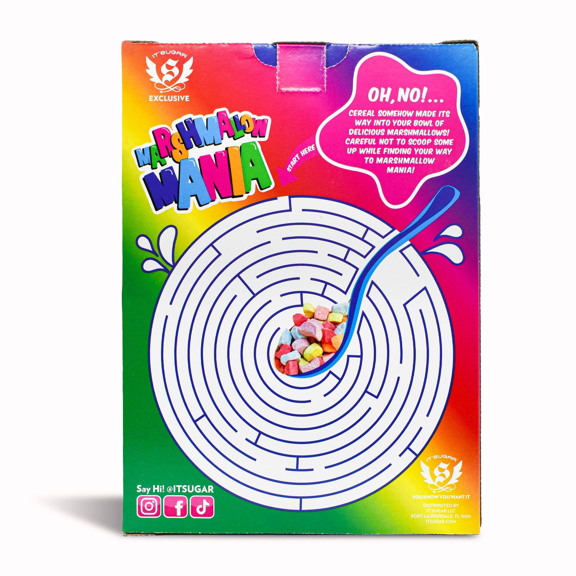 Back of an It’Sugar “Marshmallow Mania” candy box with rainbow‑colored packaging, featuring a circular maze graphic with pastel marshmallow pieces in the center, a spoon illustration, playful text bubbles, and social media icons.