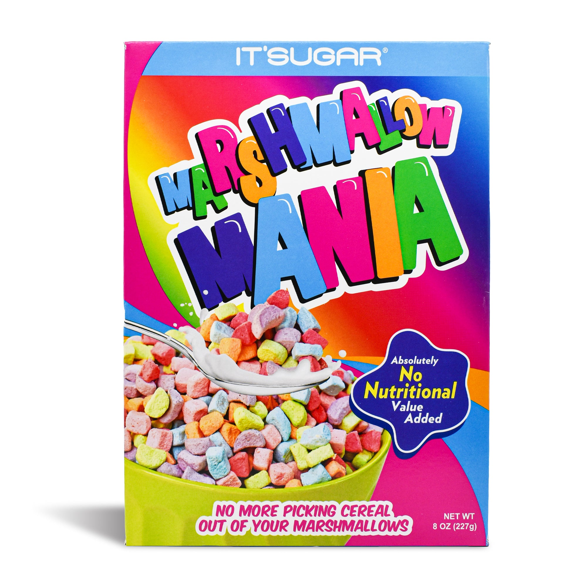 Front of an It’Sugar “Marshmallow Mania” candy box with rainbow‑colored packaging, showing a bowl of small pastel marshmallow pieces and text reading “Marshmallow Mania” and “Absolutely No Nutritional Value Added.”