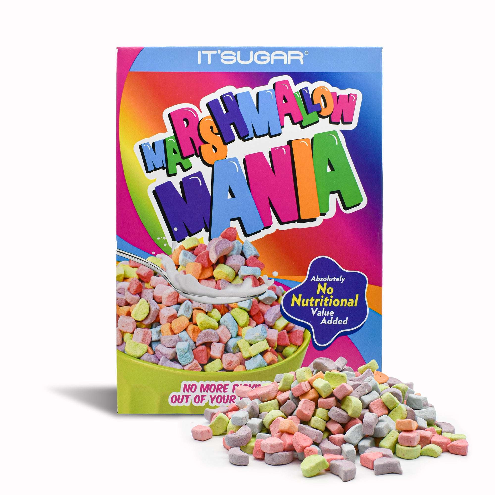 Front of an It’Sugar “Marshmallow Mania” candy box with colorful rainbow packaging, showing a bowl and pile of small pastel marshmallow pieces in pink, green, yellow, orange, and purple.