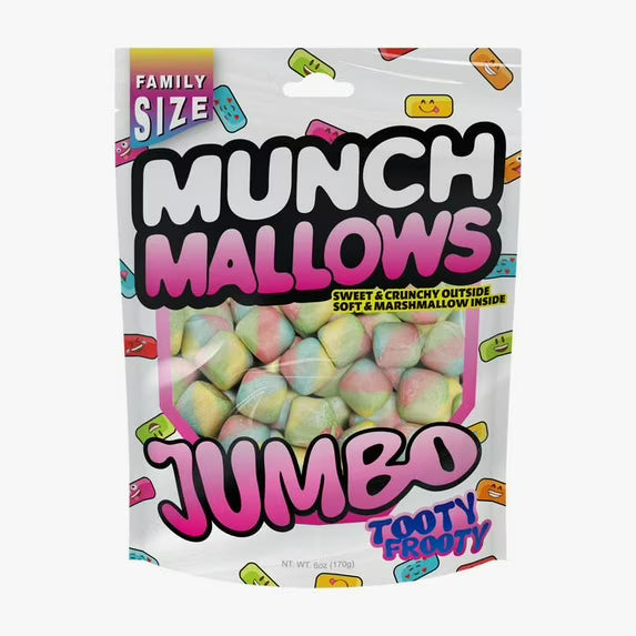 A bag of Munch Mallows Jumbo Tooty FrooTy candy, family size, featuring a white and pink packaging design with a clear window showing the pastel-colored marshmallow candies inside.