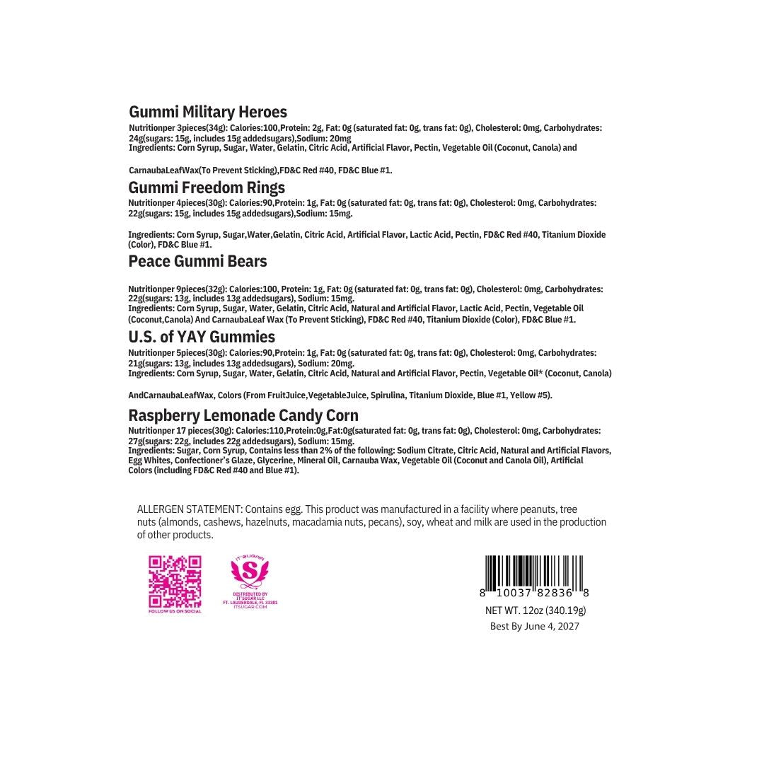 Nutrition facts, ingredient lists, allergen statement, and barcode displayed on the back label of an IT’SUGAR candy product.