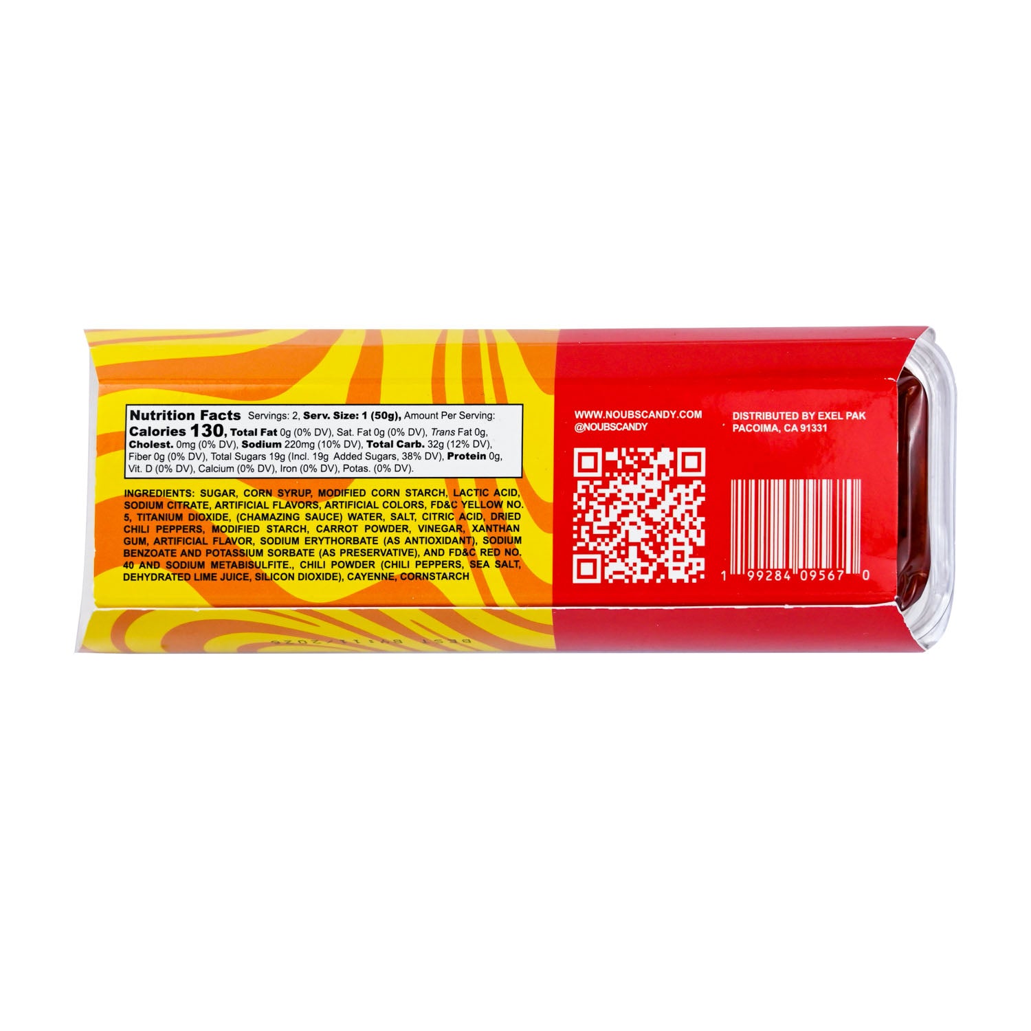 Noubs packaged candy shown from the back, featuring a red and yellow design with a nutrition facts panel, QR code, and barcode on a white background.
