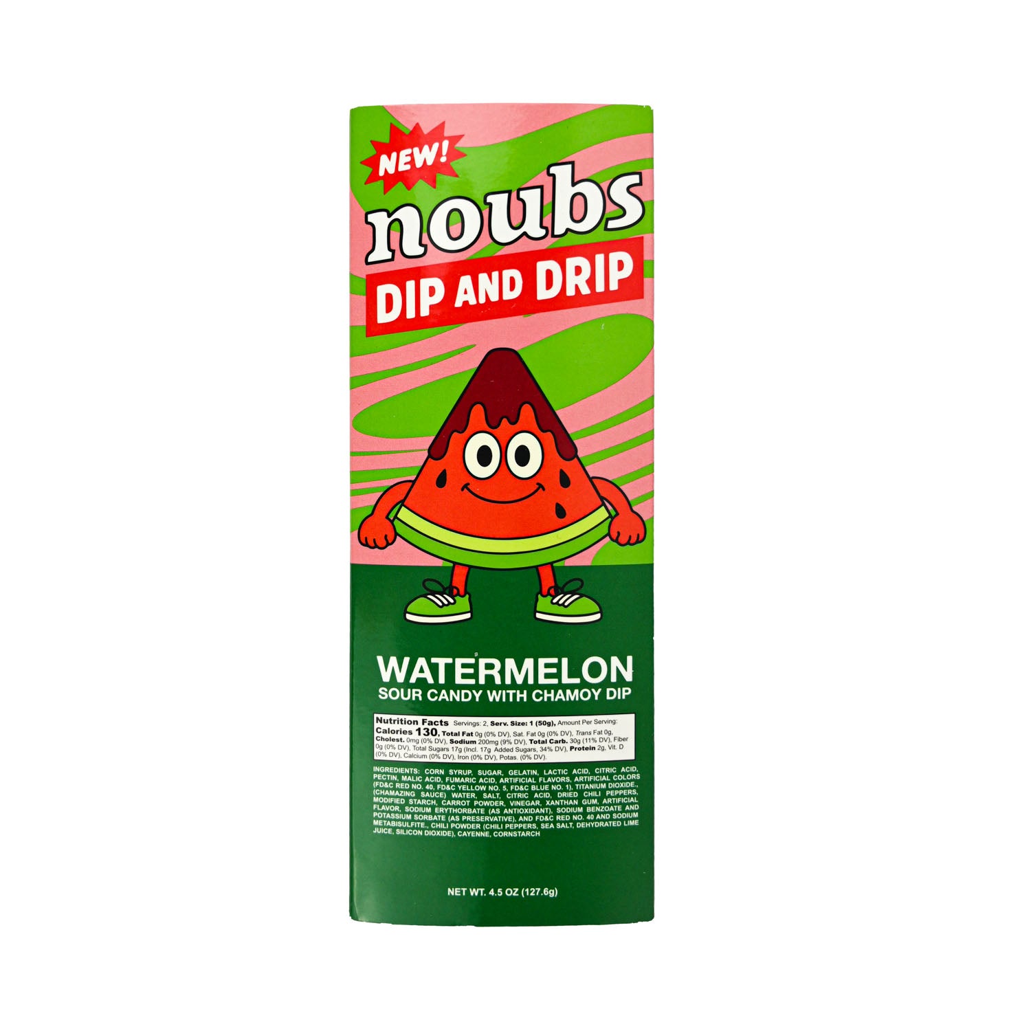 A package of Noubs Watermelon Dip and Drip sour candy with chamoy dip, featuring a cartoon watermelon character on a green and pink background.