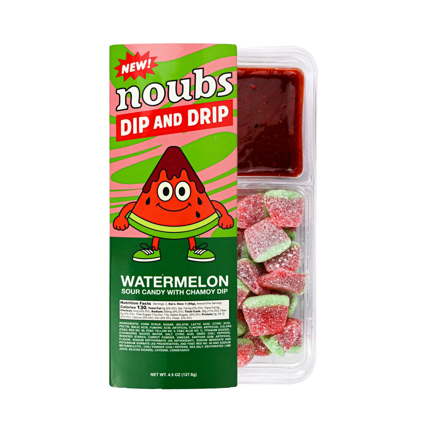 A package of Noubs Watermelon Sour Candy with Chamoy Dip, showing the green and pink cardboard box alongside a clear plastic tray containing red chamoy dip and watermelon-shaped sour candies.