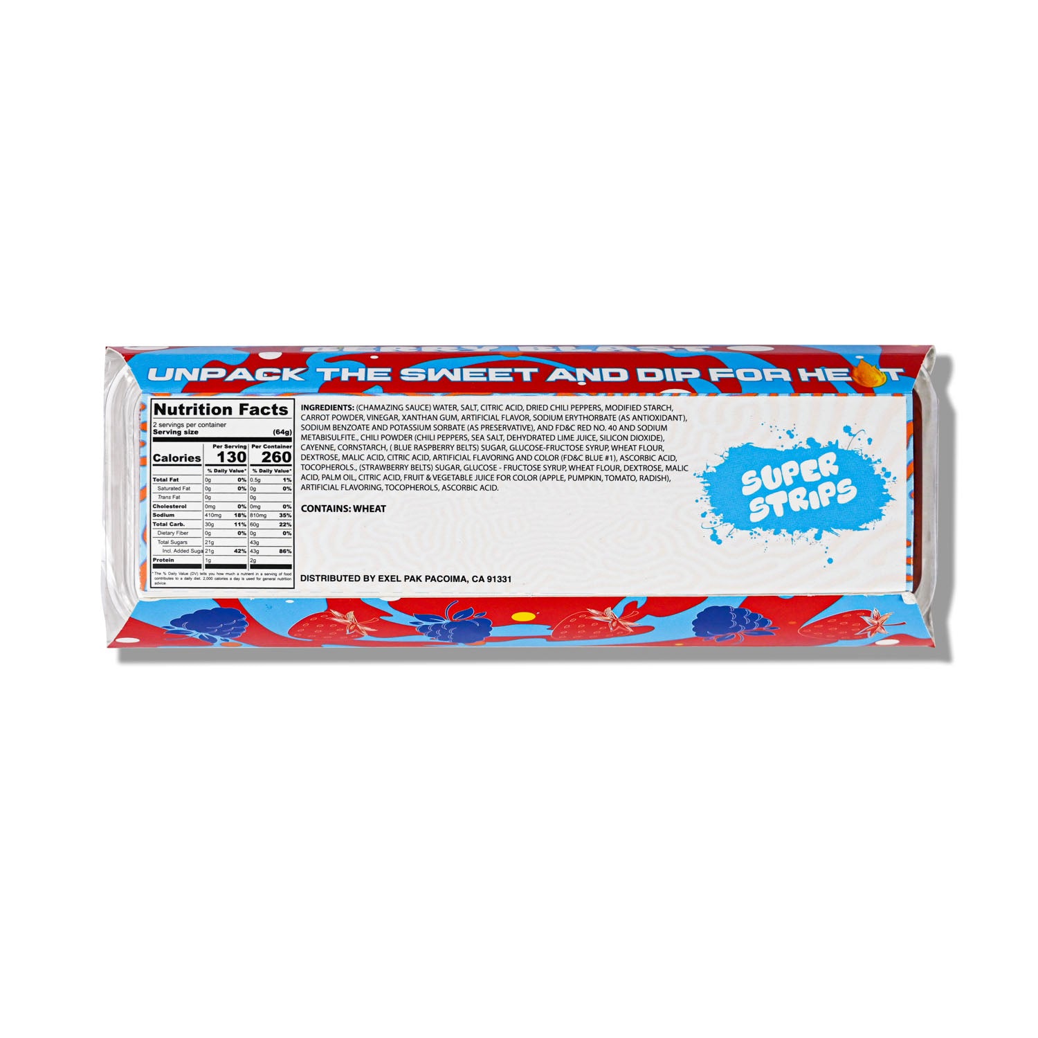 Noubs product shown from the back, featuring a white backing card with red and blue graphics, a nutrition facts panel, and the text 'UNPACK THE SWEET AND DIP FOR HEAT' and 'SUPER STRIPS'.