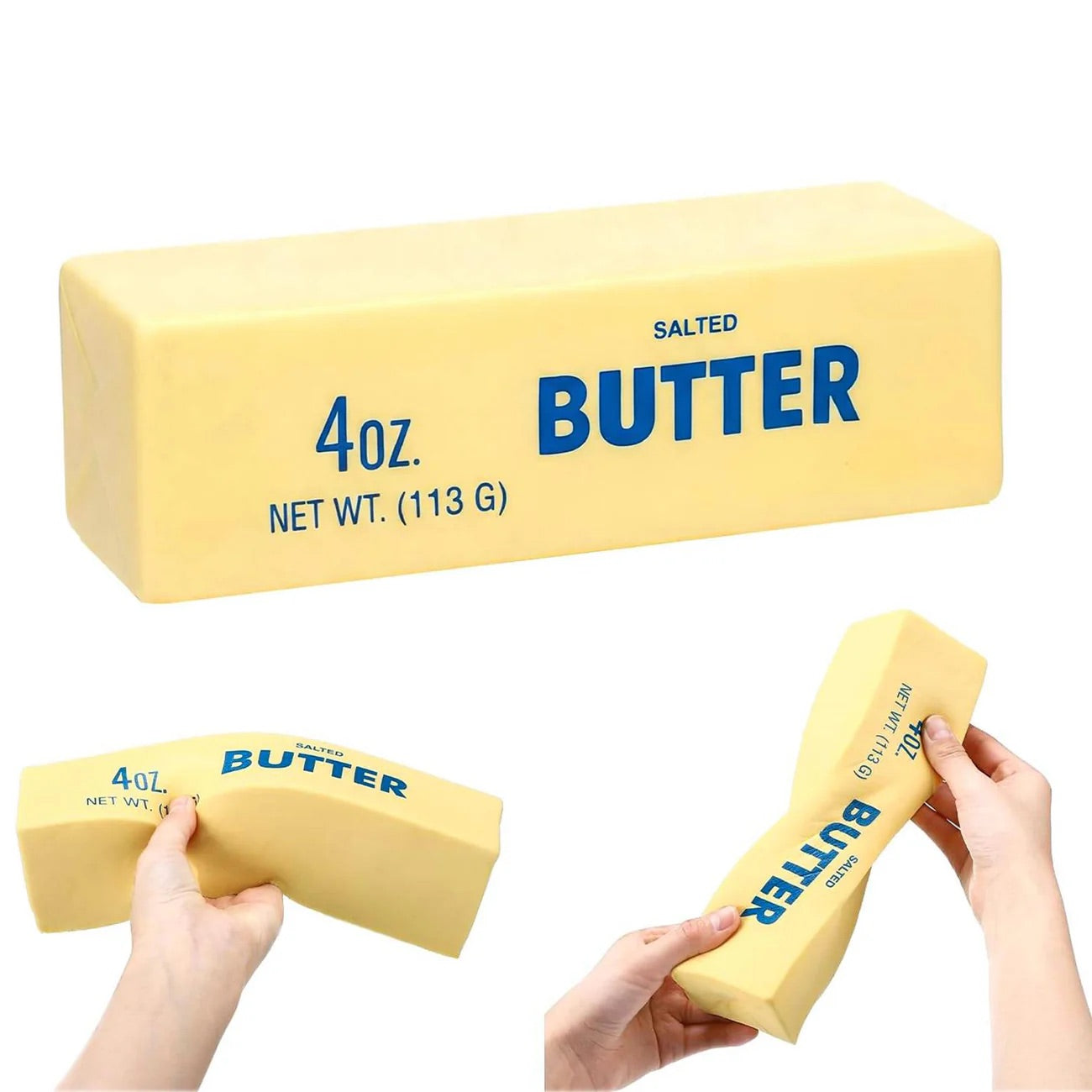 Block of butter squishy toy with packaging held by hands on a white background