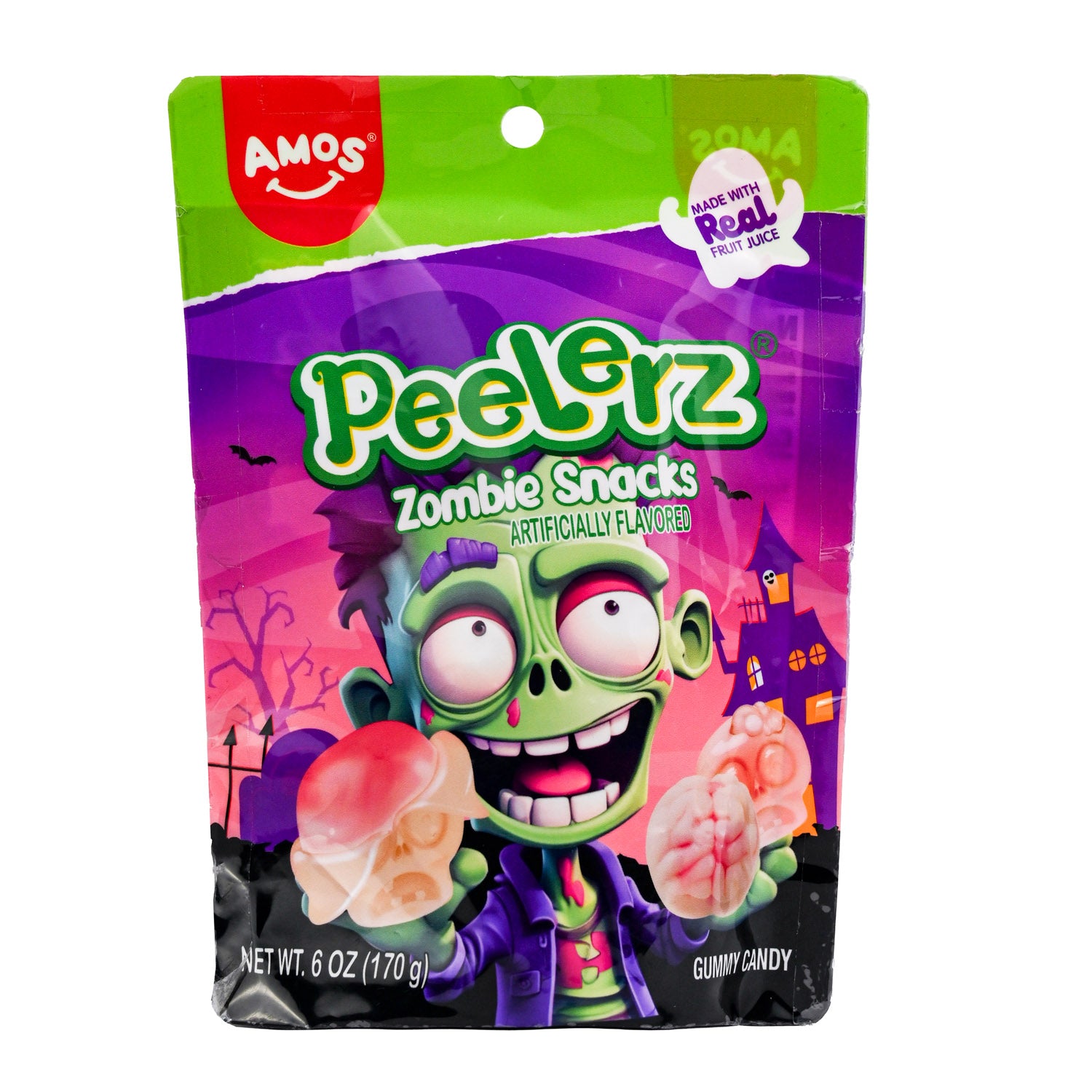 A bag of Amos Peelerz Zombie Snacks gummy candy, featuring a colorful Halloween-themed package design with a cartoon zombie holding brain-shaped gummies.
