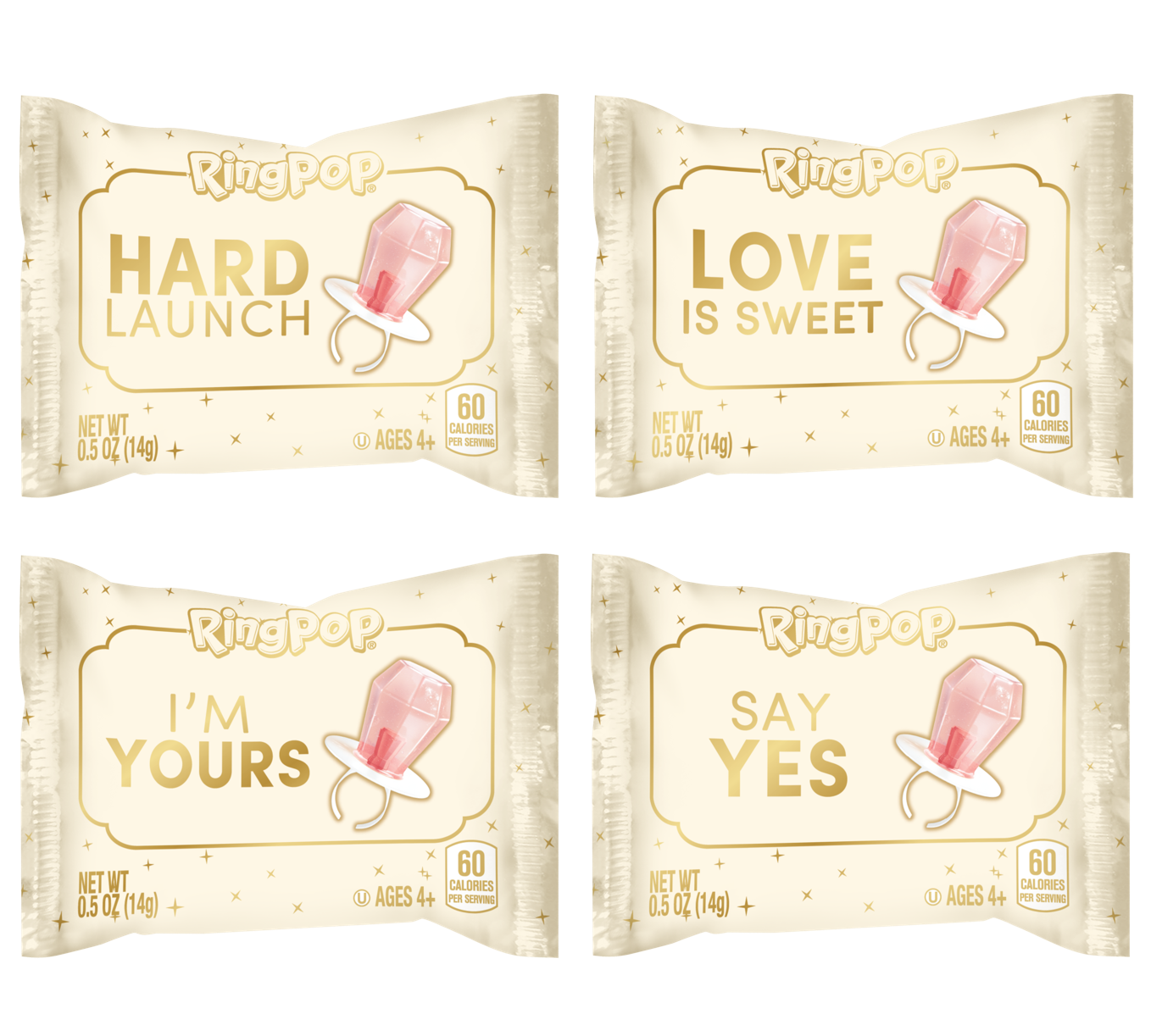 Four RingPop baby candy packages arranged in a 2x2 grid on a white background. The packages are cream-colored with gold lettering and a pink pacifier graphic, featuring slogans 'HARD LAUNCH', 'LOVE IS SWEET', 'I'M YOURS', and 'SAY YES'.
