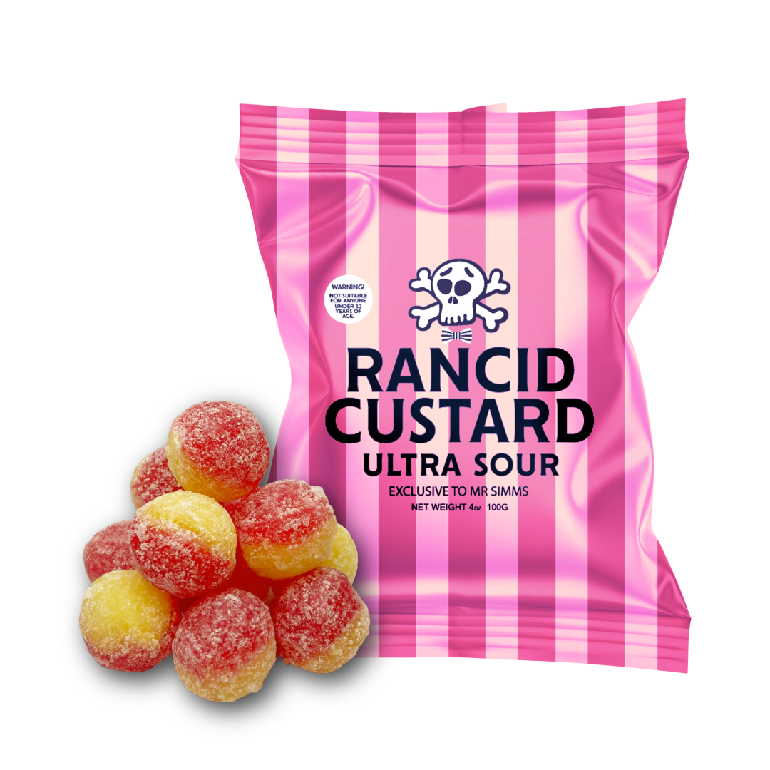 A 100g bag of Rancid Custard Ultra Sour candy next to several individual sour candies, set against a plain white background.