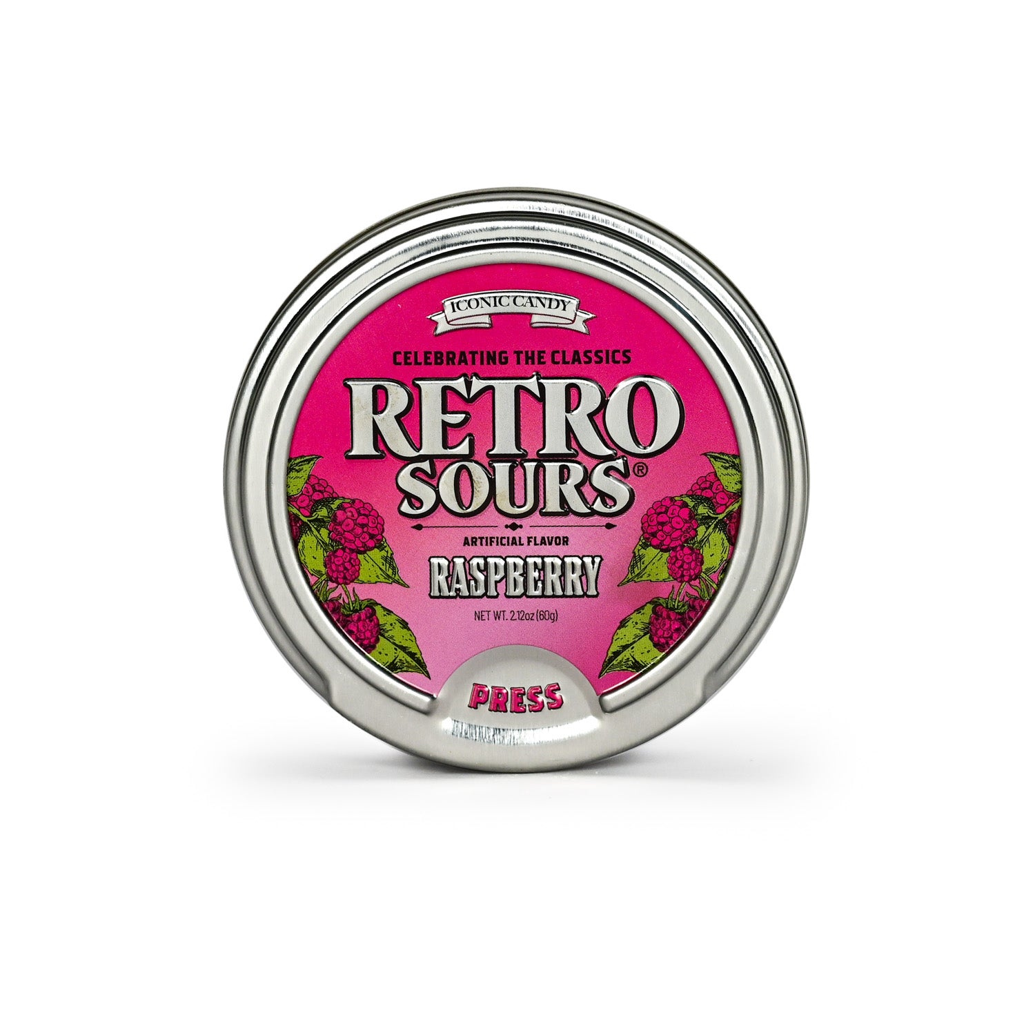 Closed metal tin labeled “Retro Sours Raspberry” with raspberry illustrations on the lid.