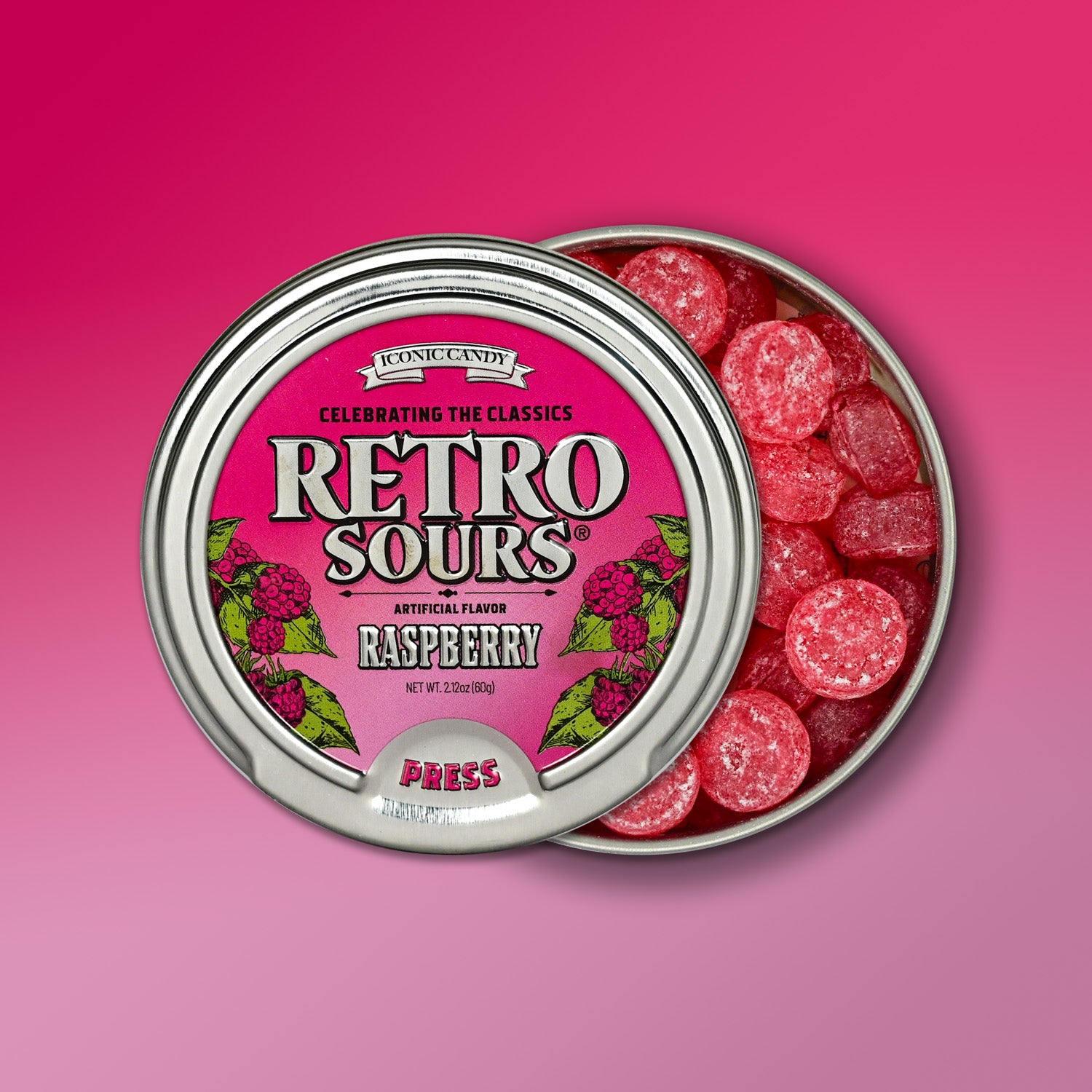 Open Retro Sours Raspberry metal tin showing red raspberry‑flavored sour candies inside.