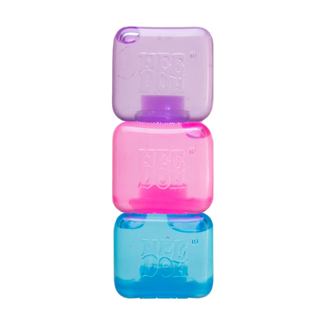 Three translucent “Nee Doh Nice Ice Baby” cube squeeze toys stacked vertically in purple, pink, and blue, shown on a white background.
