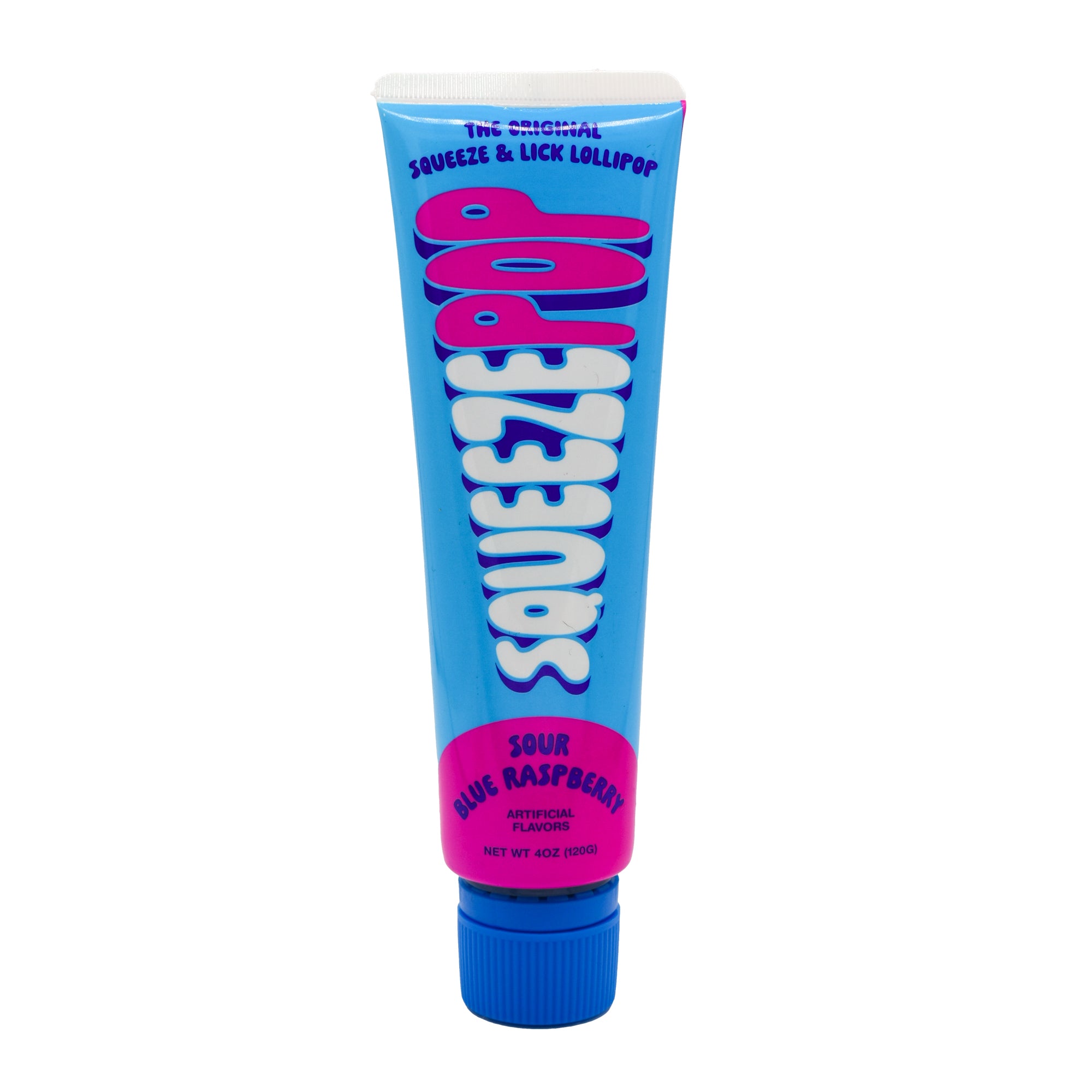 Front of a Squeeze Pop Sour Blue Raspberry squeeze‑and‑lick lollipop tube with bright blue packaging, pink accents, and a blue cap, shown on a white background.
