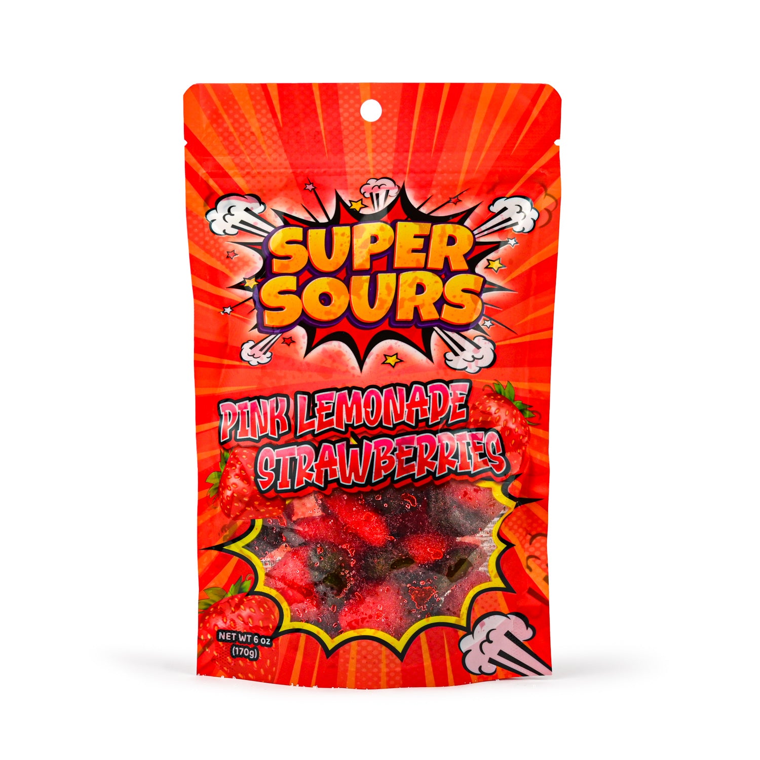 Front of a Super Sours Pink Lemonade Strawberries candy bag with bright red packaging and a clear window showing red sour strawberry candies inside.