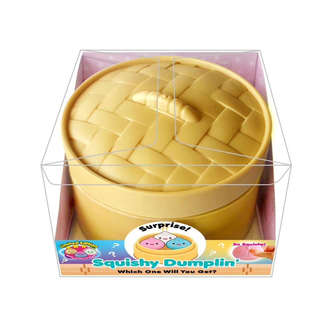 Tan squishy dumpling container inside a clear boc labeled Surprise Squishy Dumplin with quote "Which One Will You Get"