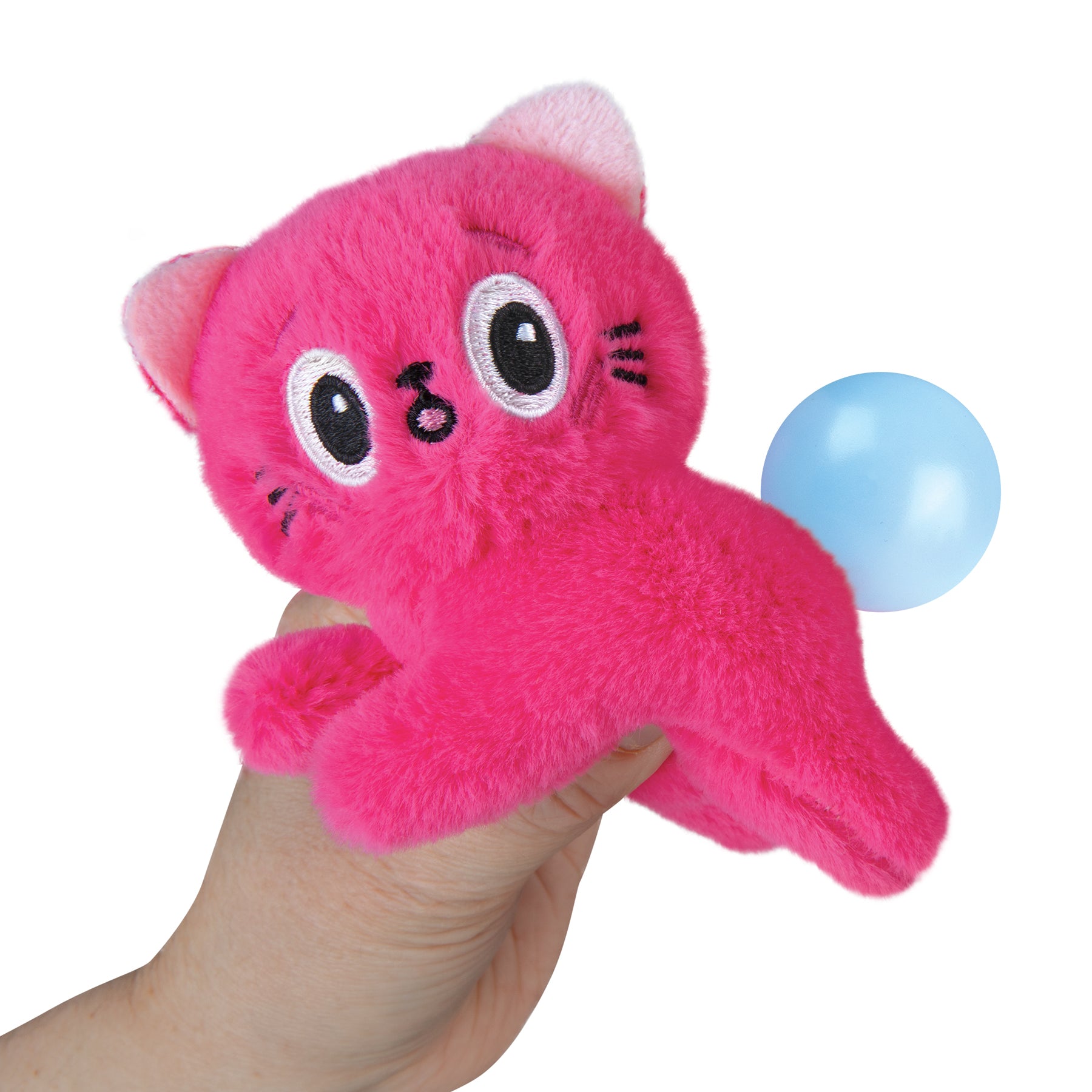 Pink plush cat toy with a blue ball on a white background