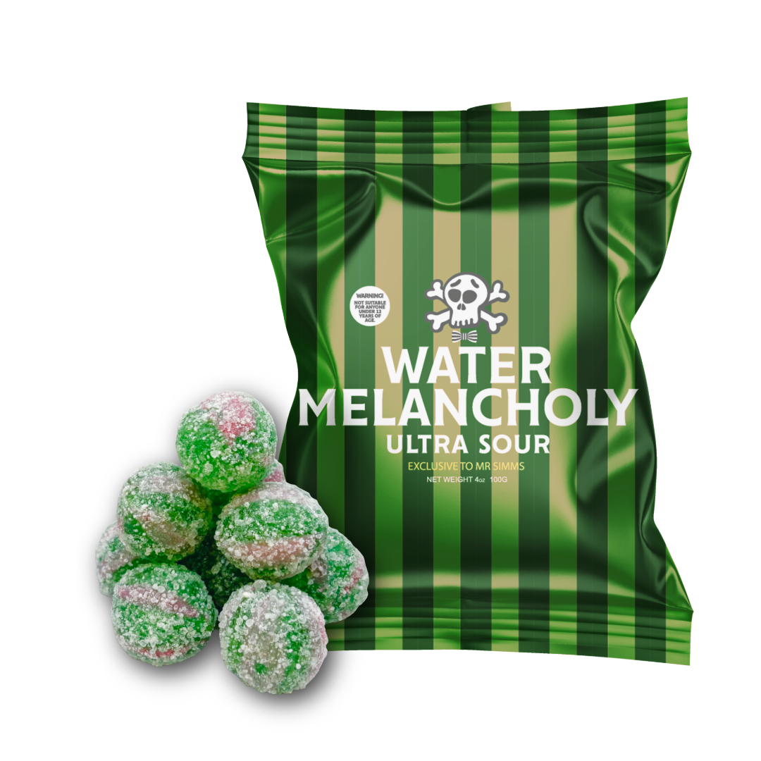A green and black striped bag of Water Melancholy Ultra Sour gummy candies with several sour sugar-coated green candies displayed in front on a white background.
