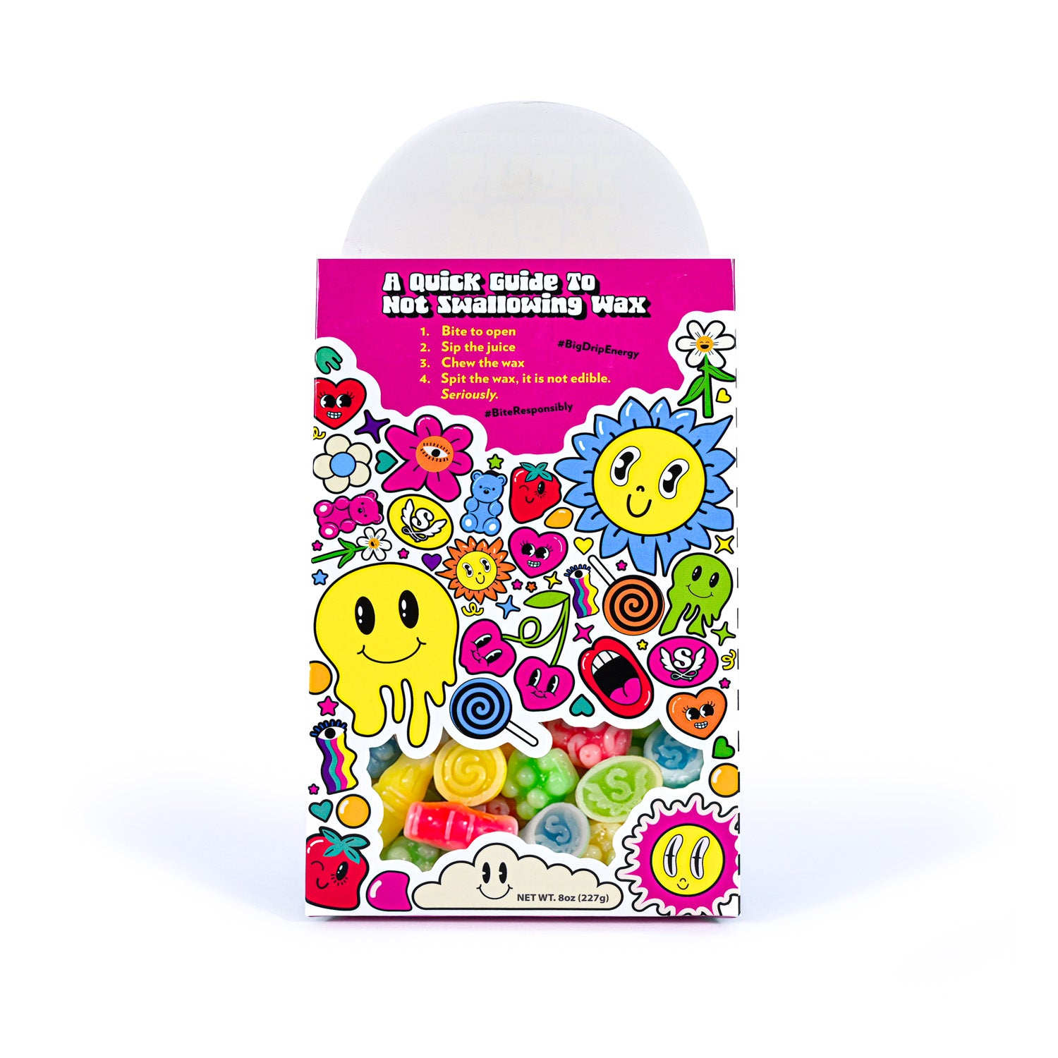 Colorful packaging of a candy product with cartoon designs on a white background