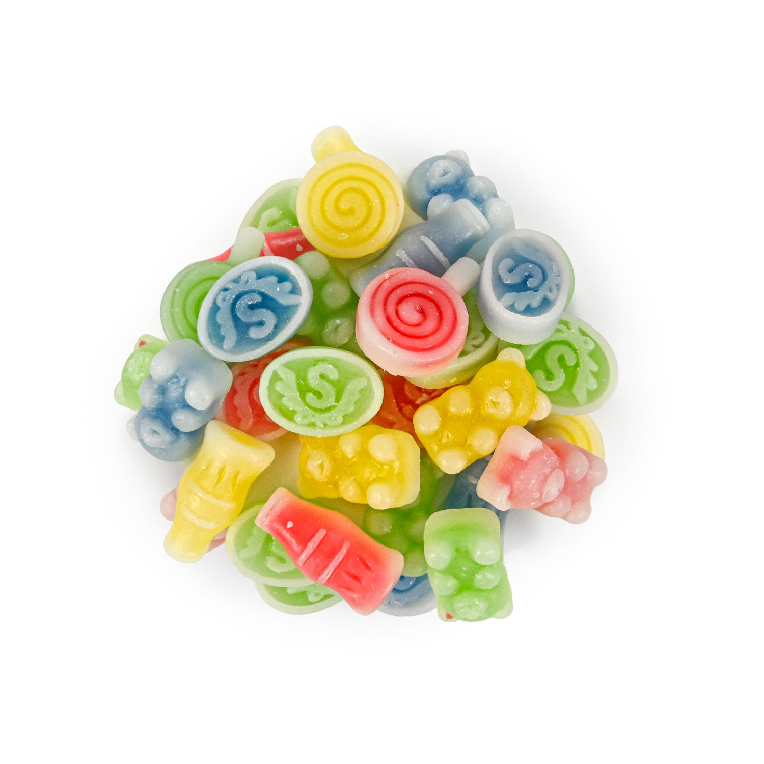 Assorted colorful gummy candies on a white background