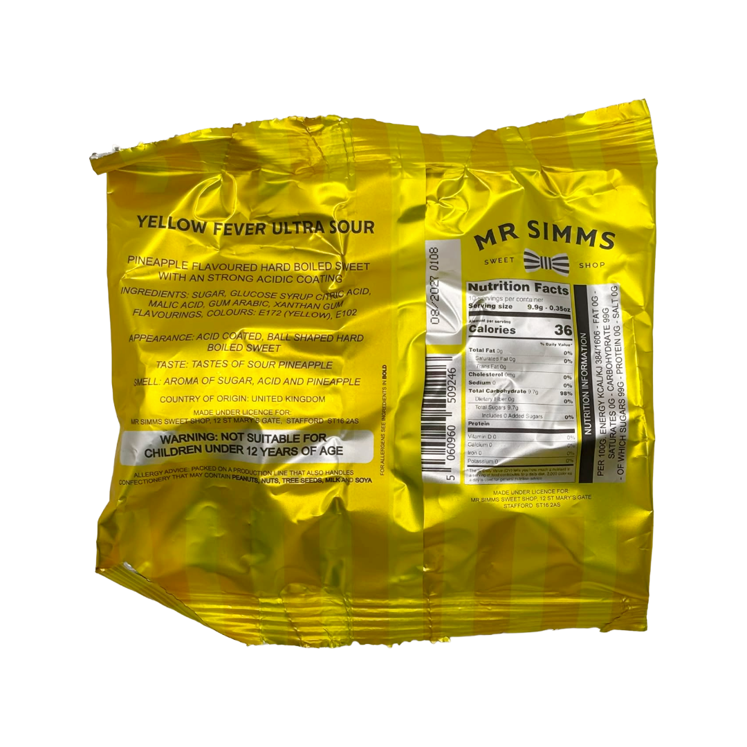 A crinkled metallic gold bag of Mr. Simms Yellow Fever Ultra Sour hard boiled candies, showing the back and side of the packaging with product details and nutrition facts.