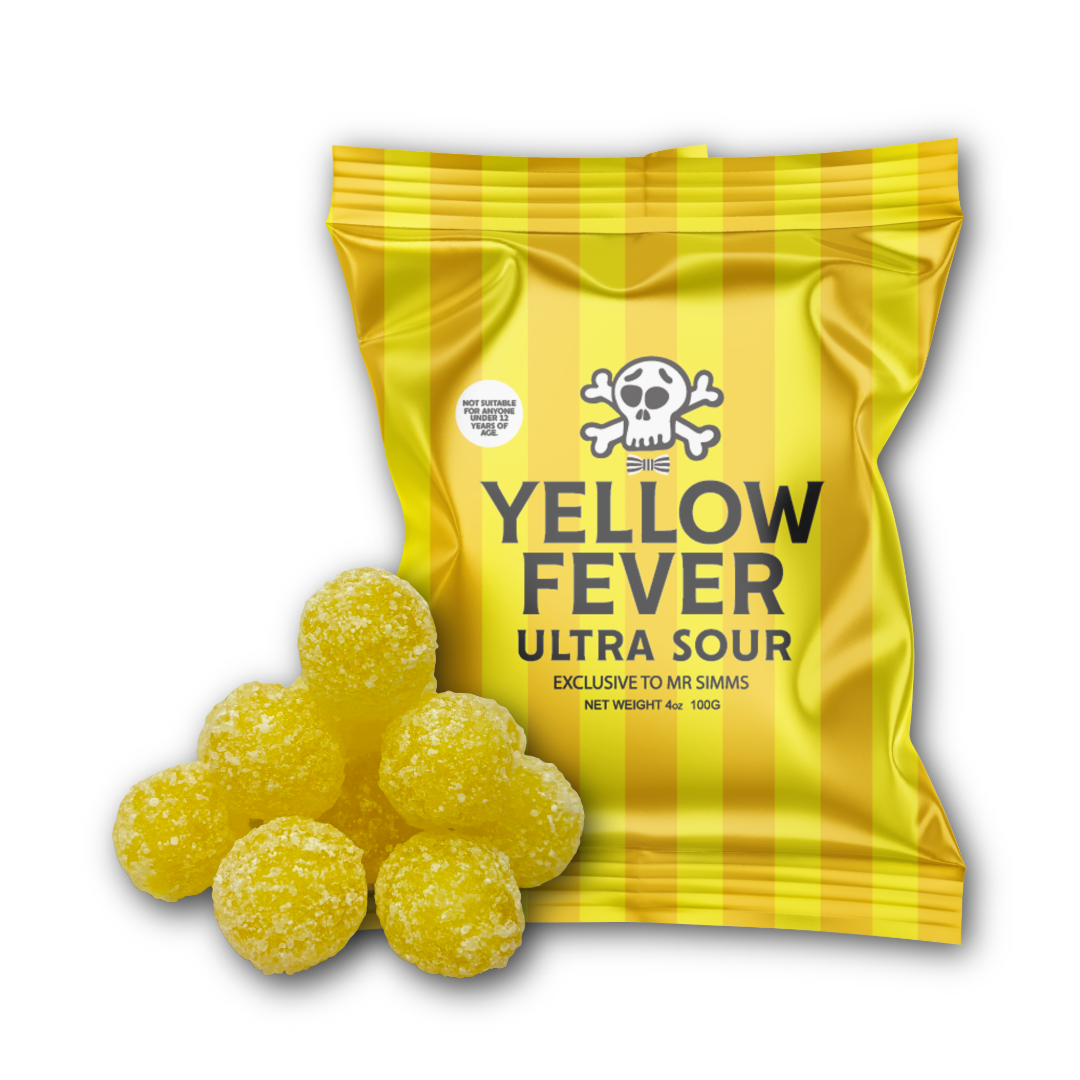 A bright yellow striped bag of Yellow Fever Ultra Sour gummy candies with several loose, sugar-coated yellow candies in the foreground, shown on a plain white background.